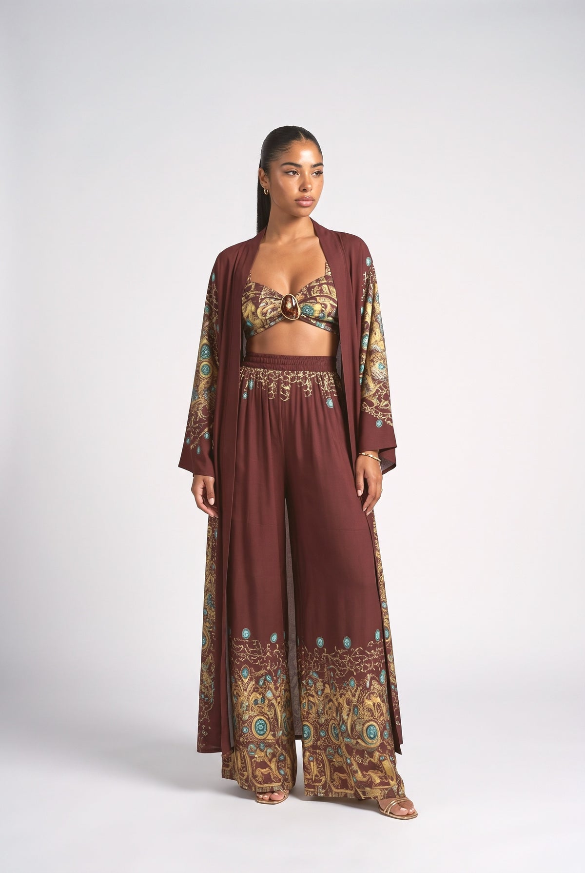 Burgundy Peacock Print 3 Piece Set, brown