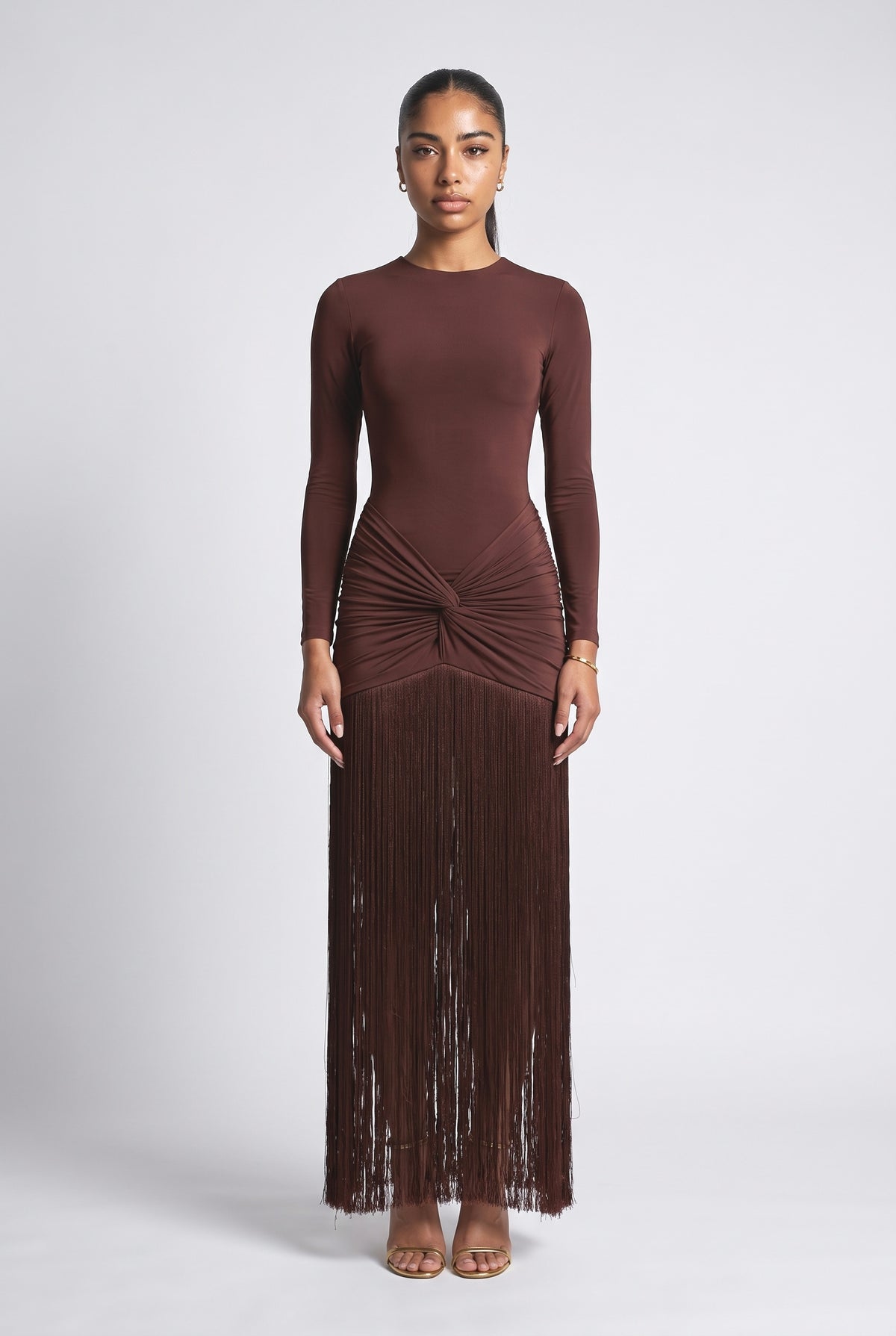 Ruched Twist Fringe Maxi Dress, brown