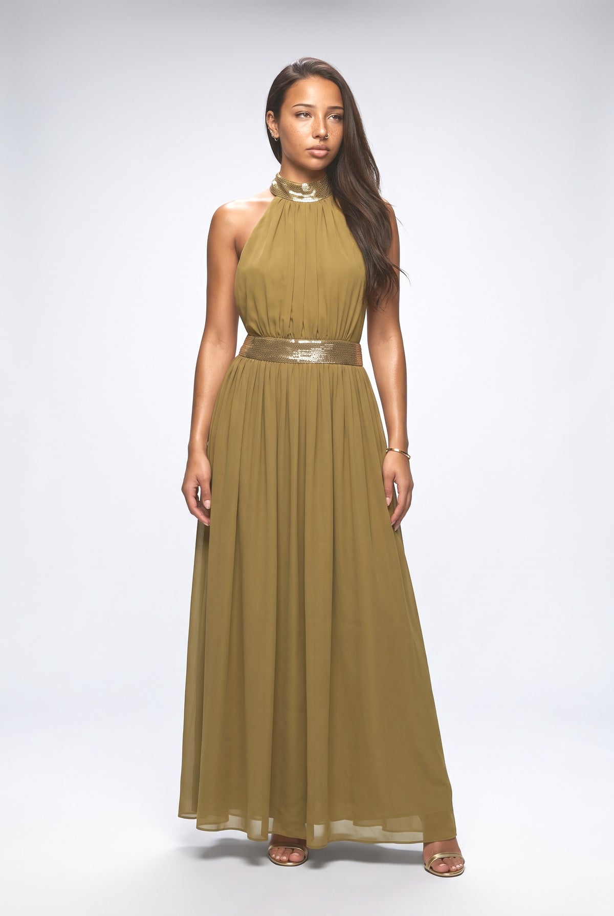 Halter Neck Sequin Chiffon Maxi Dress, brown