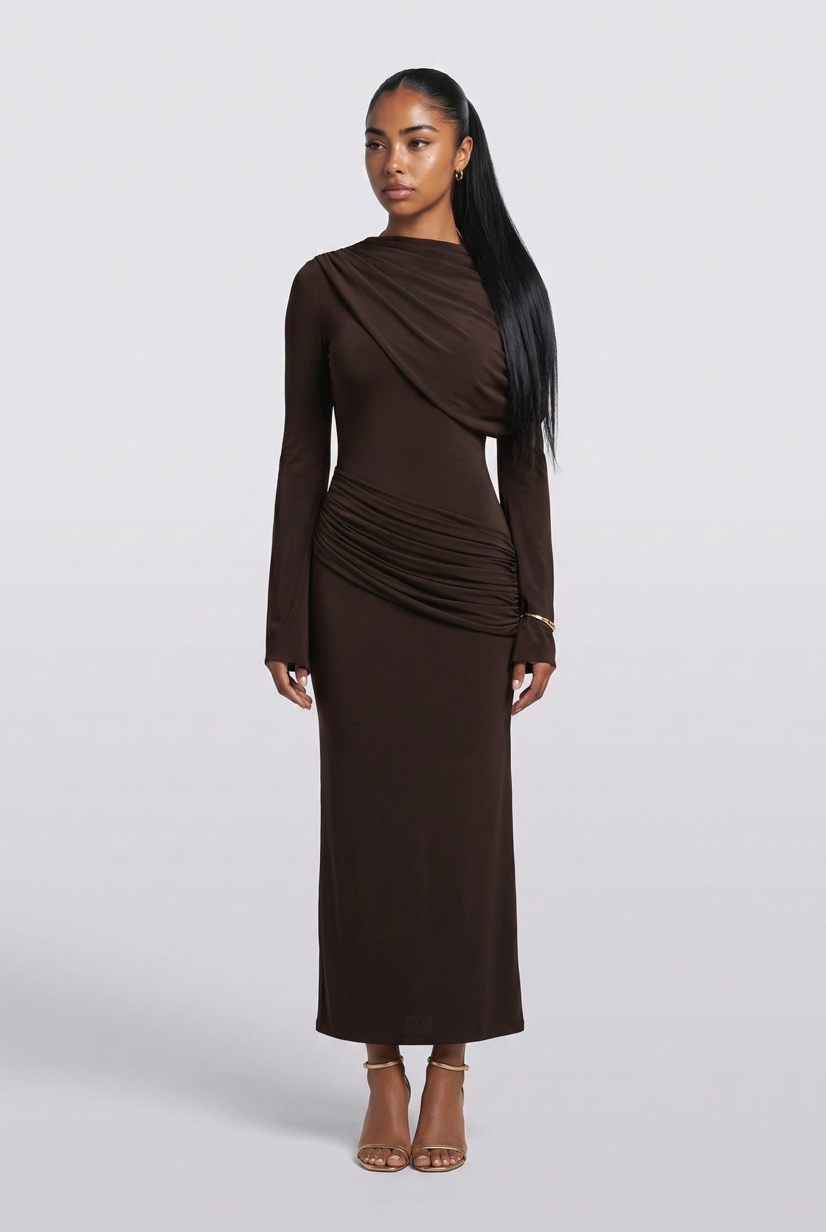 Pleated Ribbon Design Maxi Dress, brown