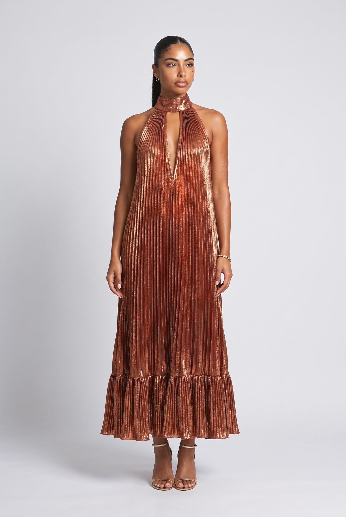 Brown Halter Neck Pleated Maxi Dress, brown