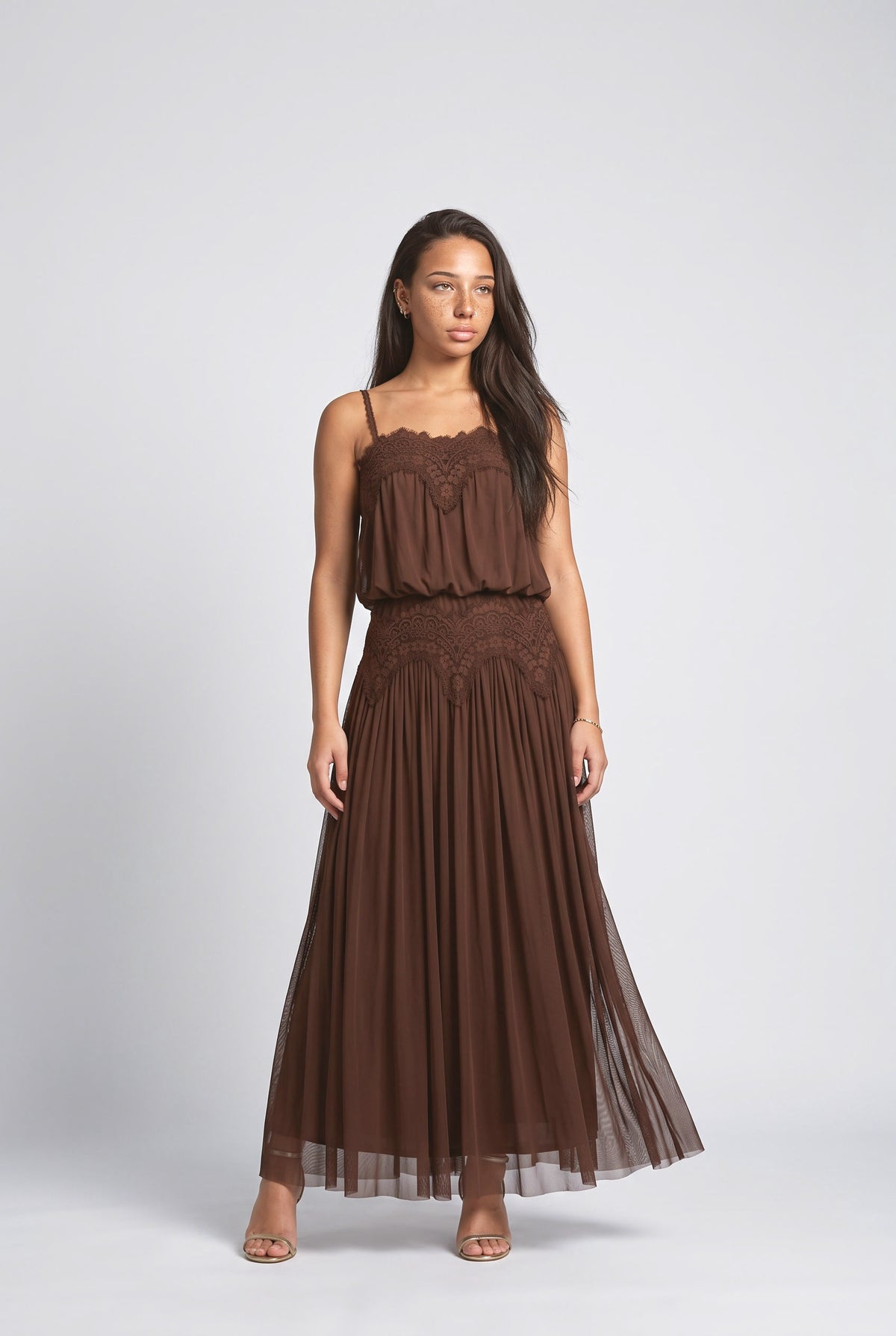 Lace Spaghetti Strap Mesh Maxi Dress, brown