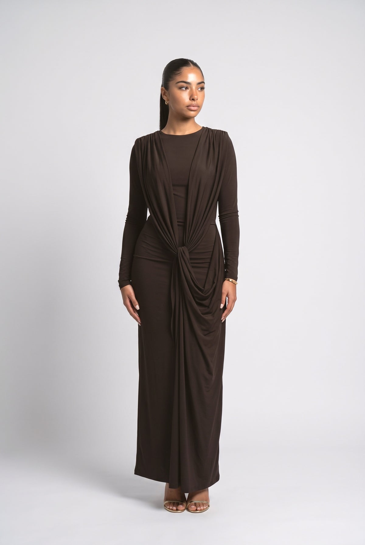 Long Sleeve Draped Maxi Dress, brown
