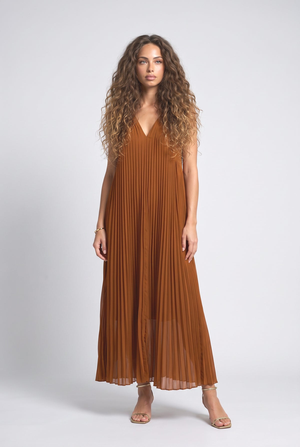 Brown V-Neck Pleated Maxi Dress, brown