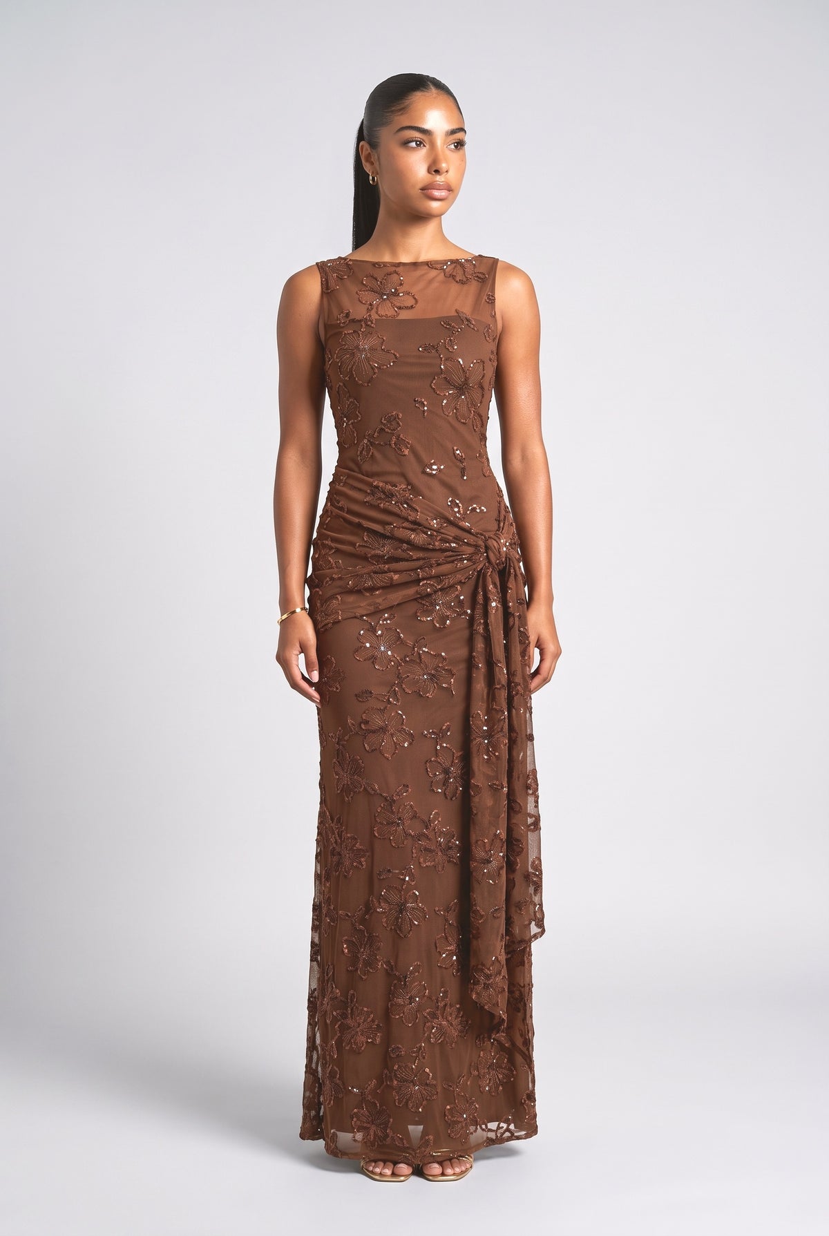Sequin Jacquard Boat Neck Maxi Dress, brown