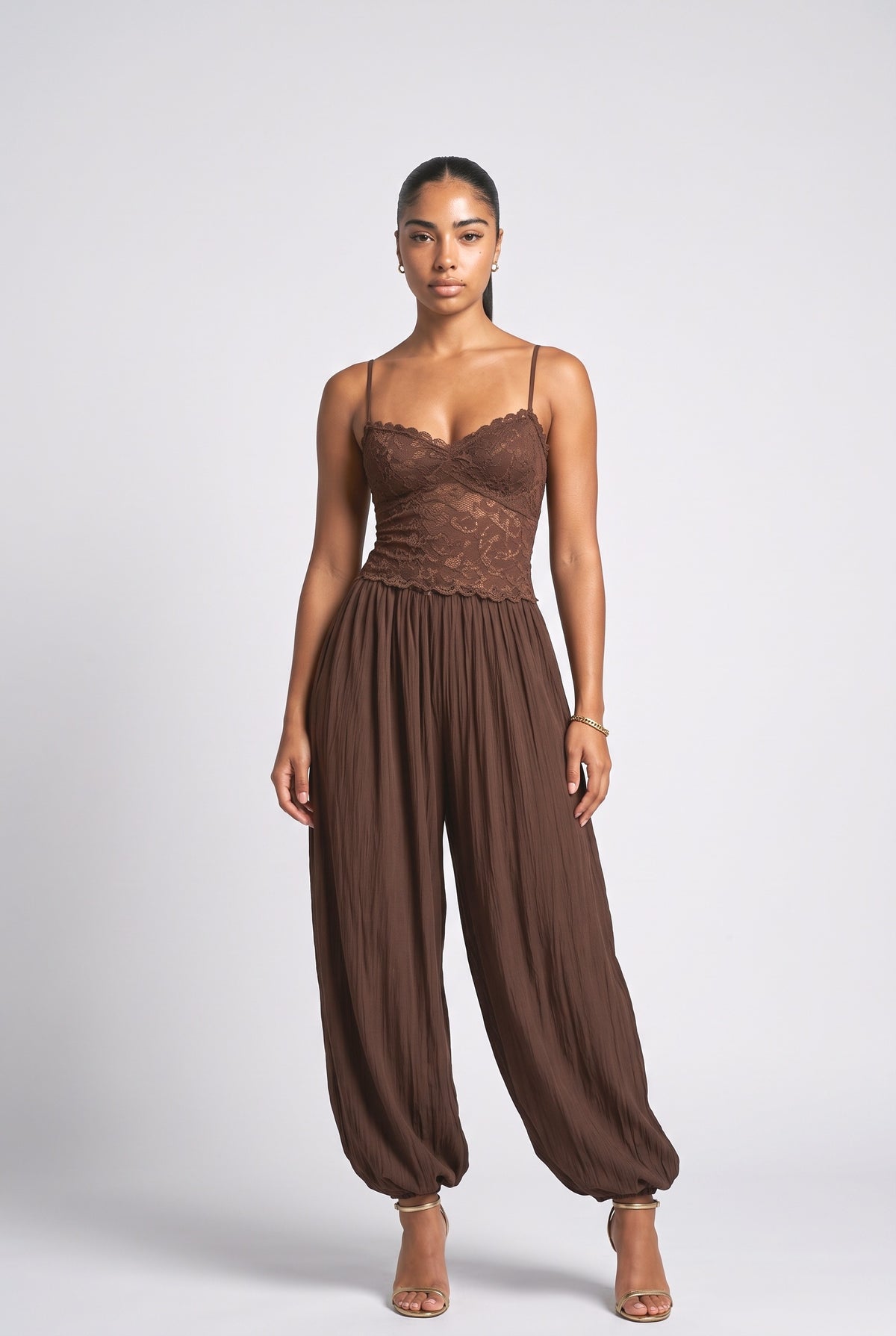 Lace Strappy Jumpsuit, brown