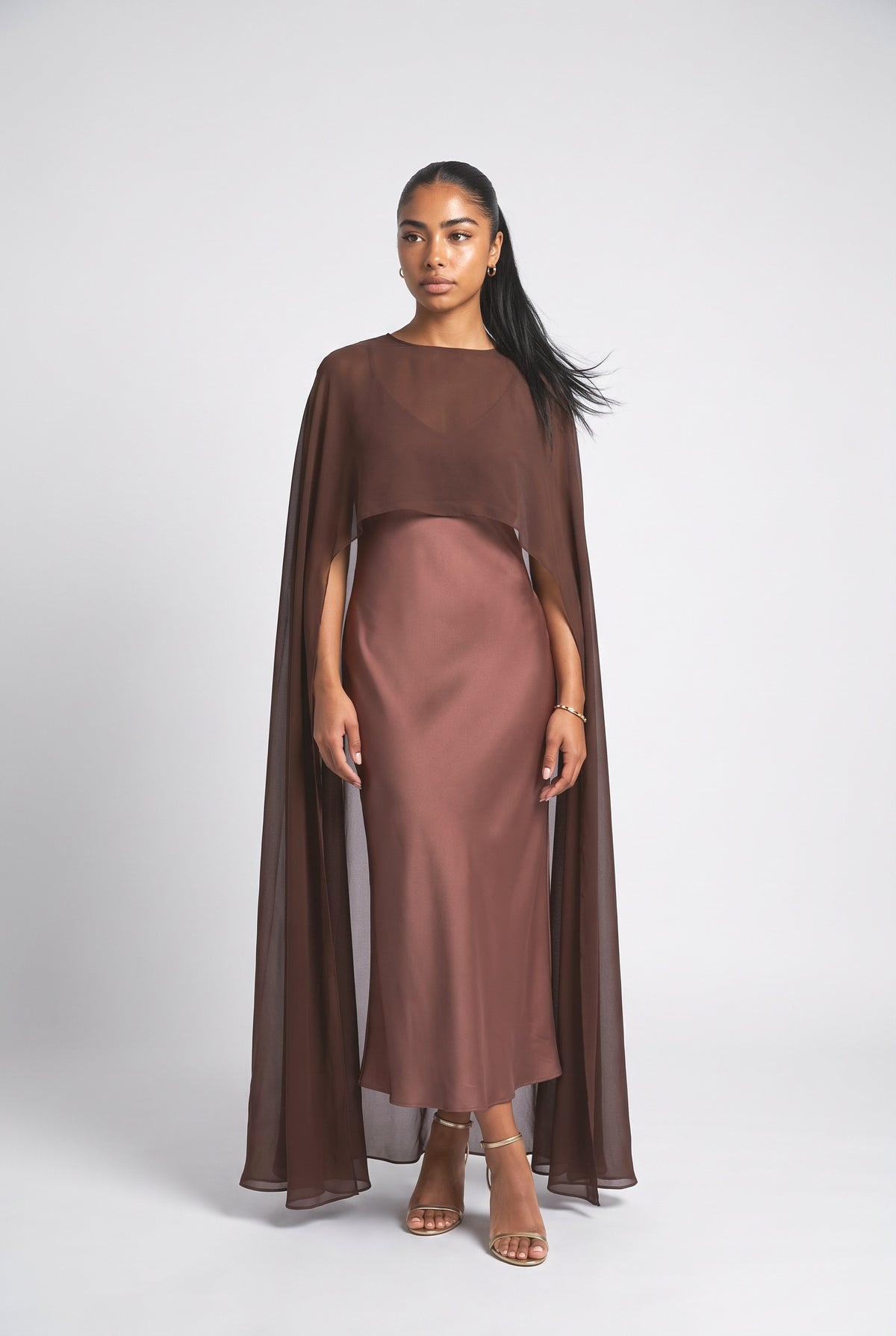 Satin and Sheer Chiffon Cape Maxi Dress, brown