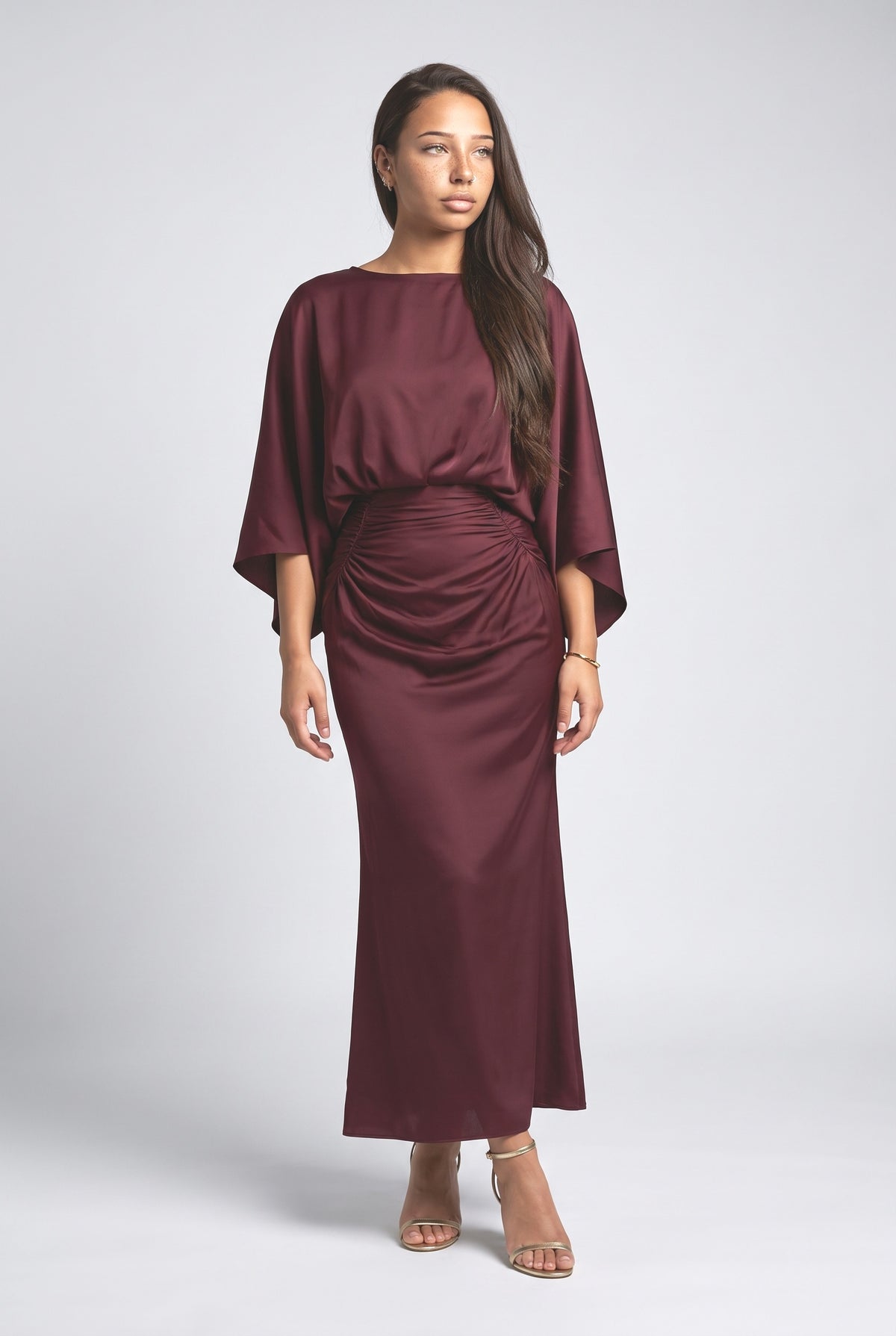 Backless Pleated Maxi Dress, burgundy