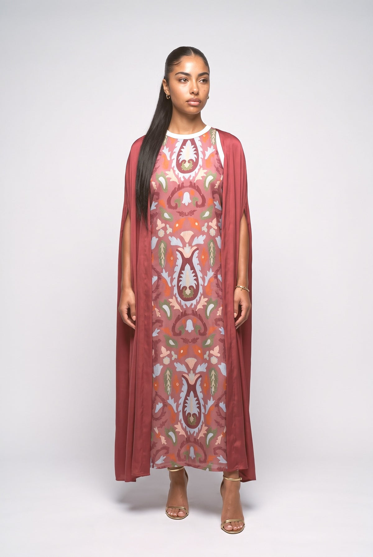 Burgundy Print Cape Outfit Set, burgundy