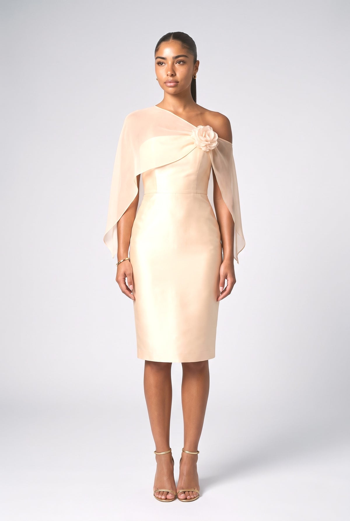 Satin One-Shoulder Asymmetric Midi Dress, cham