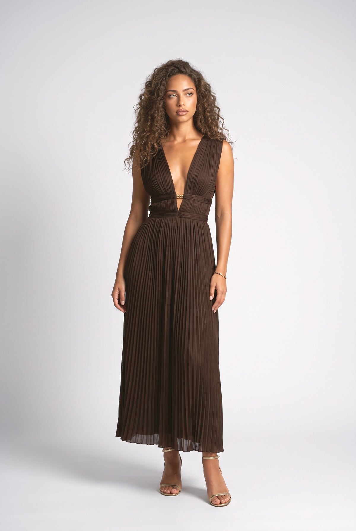 Deep V-Neck Maxi Dress, coffee