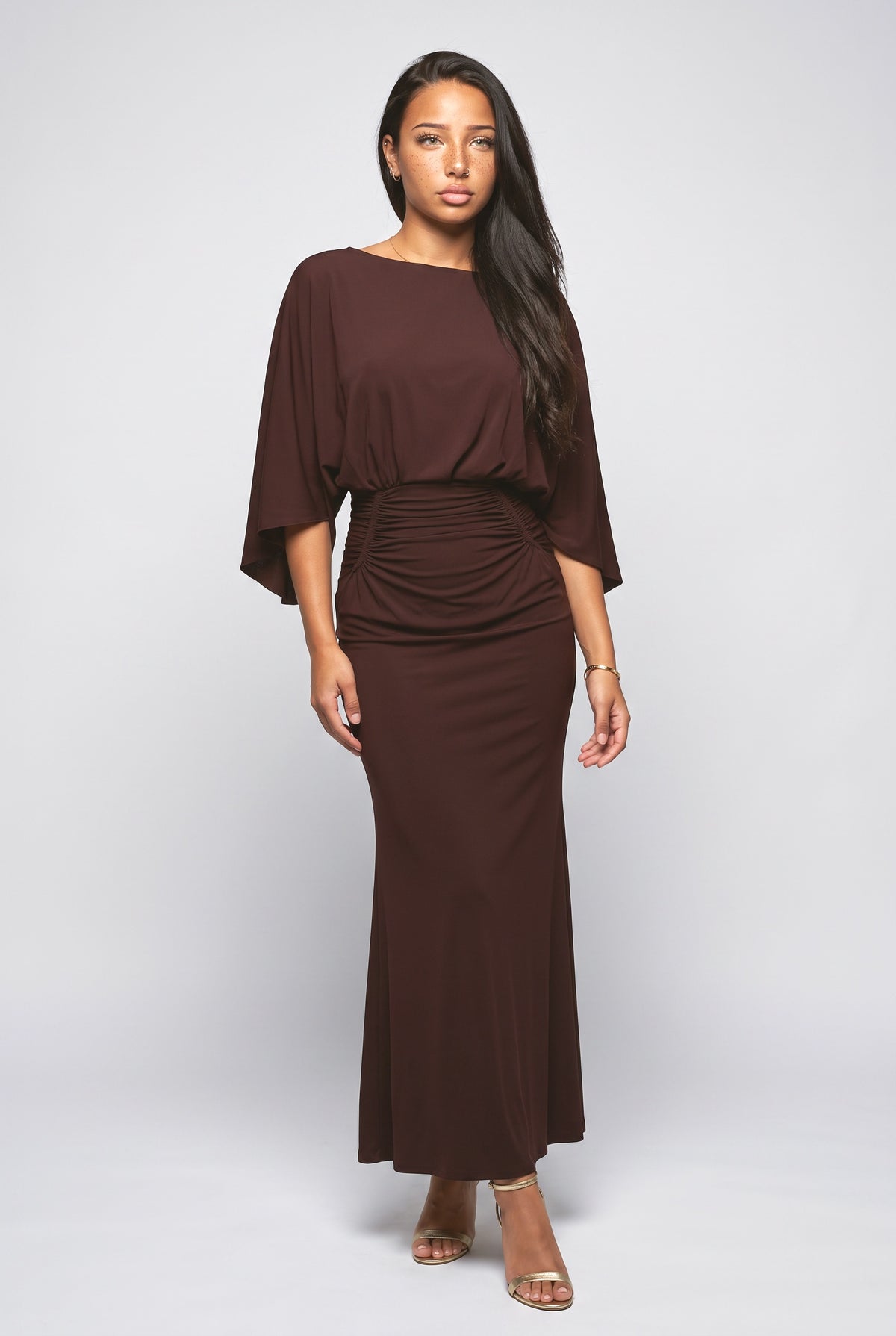 Backless Pleated Maxi Dress, coffee