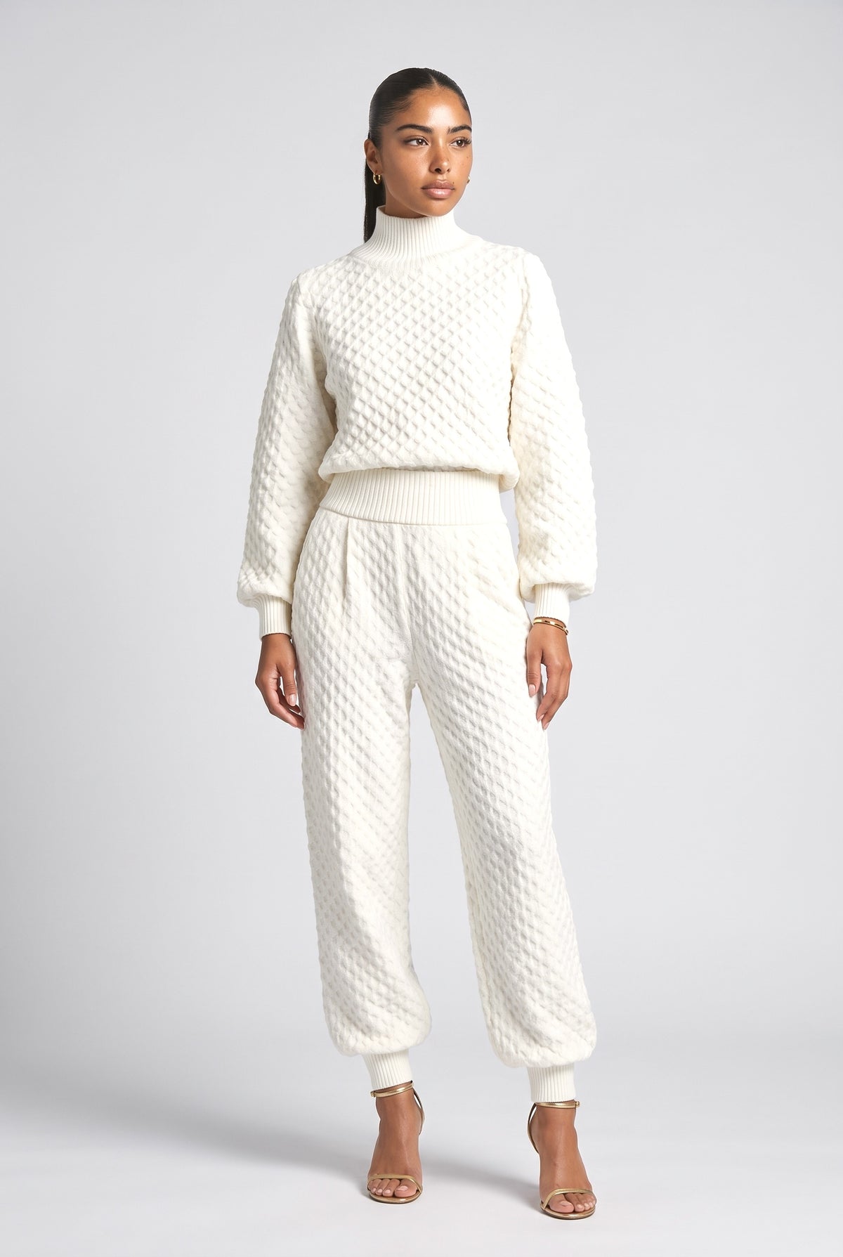 Textured Knit Lantern-Leg Pants, cream pants