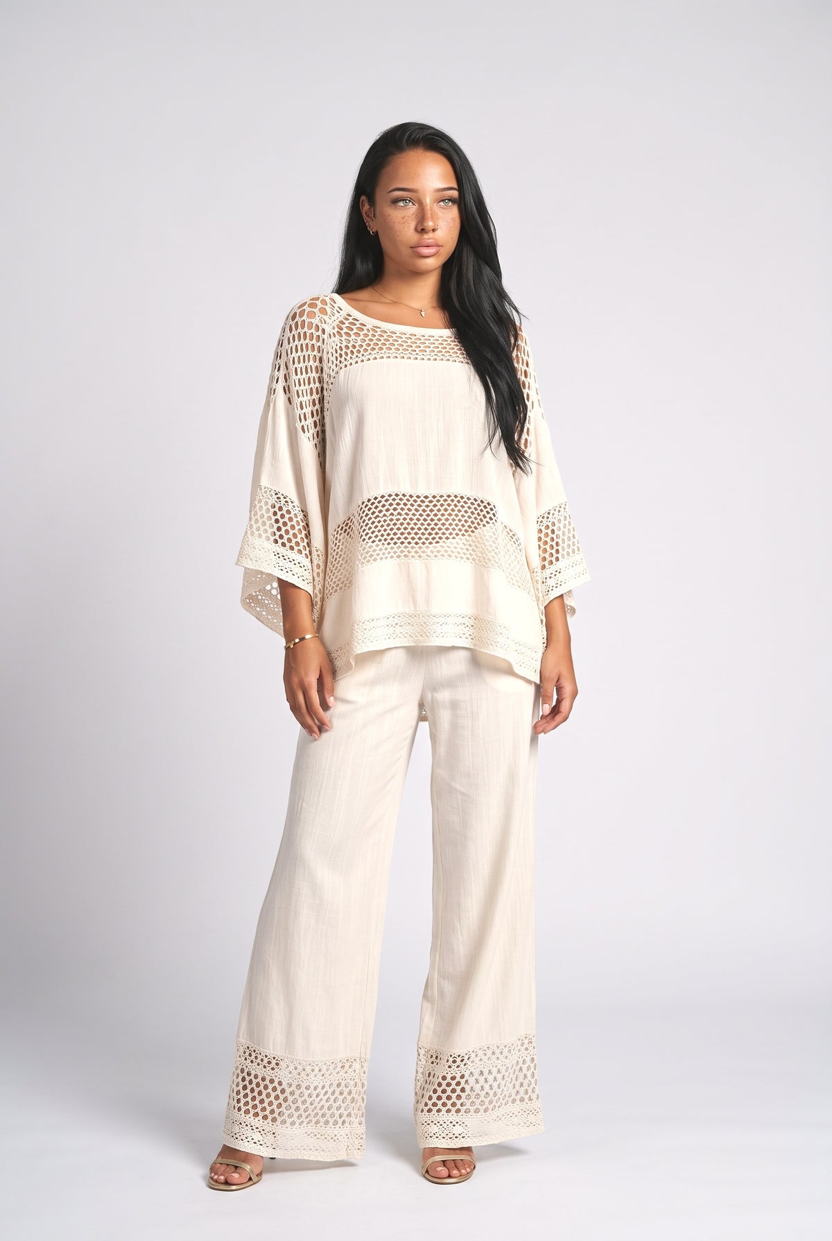 Beige Lace Outfit Set, cream set
