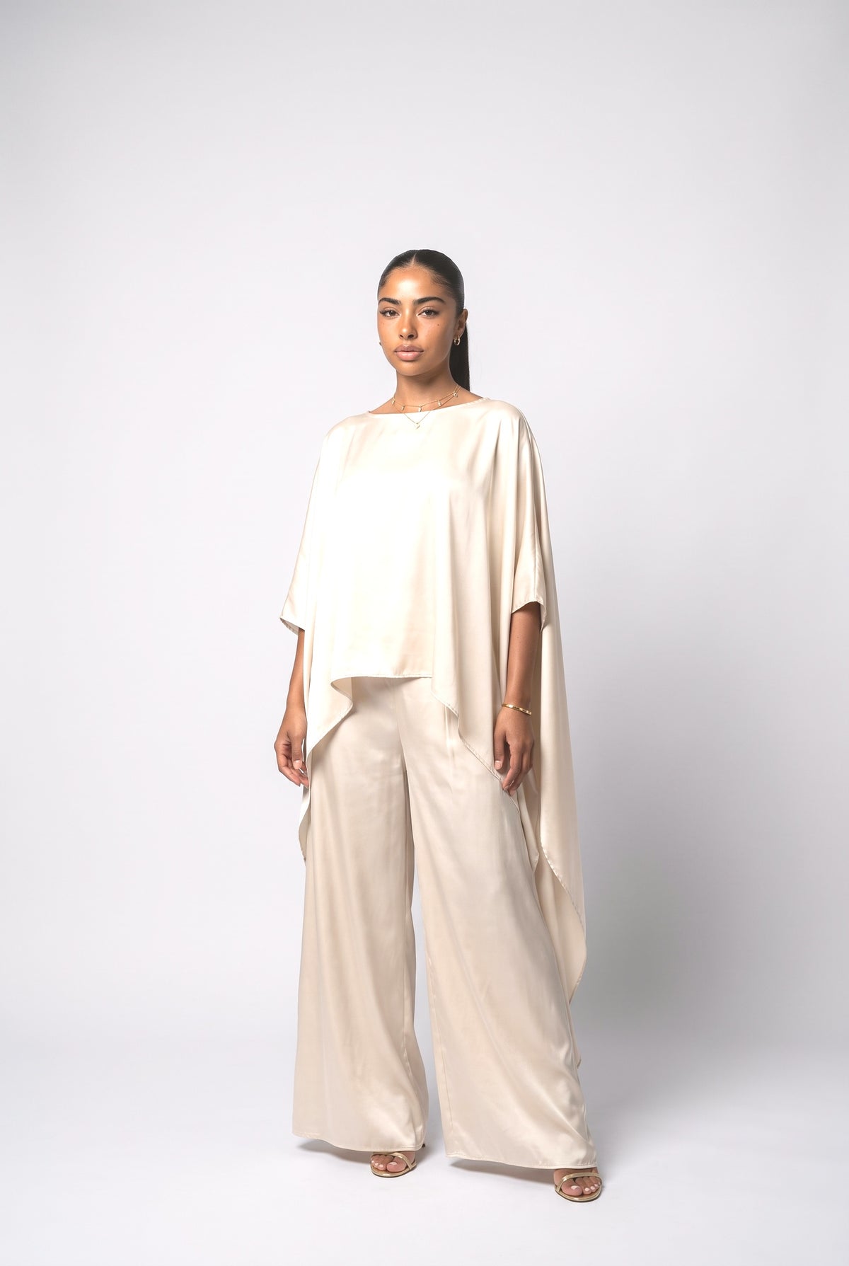 Beige Satin Cape Outfit Set, cream set