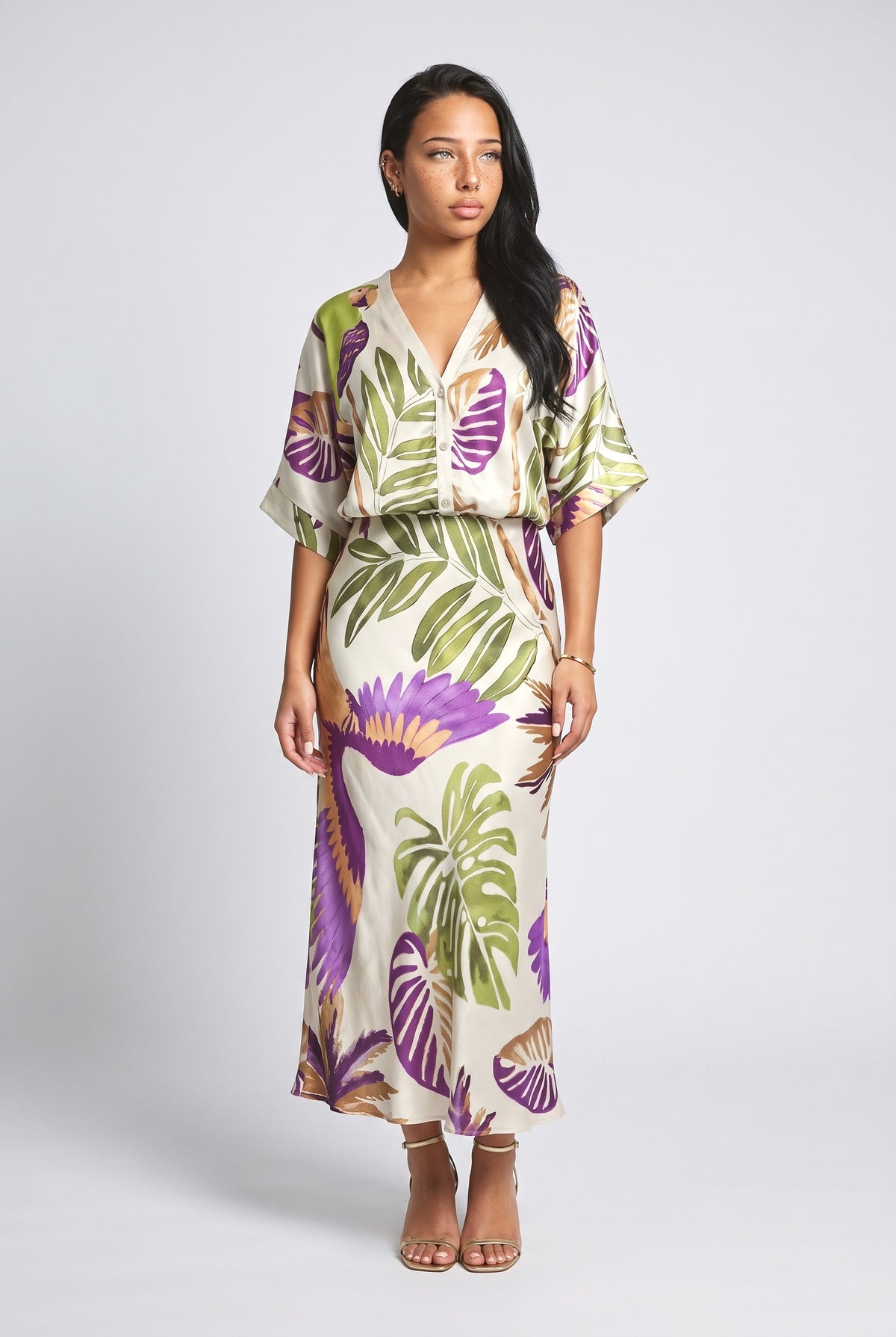 Parrot and Palm Leaf Print Two-Piece Set, cream set