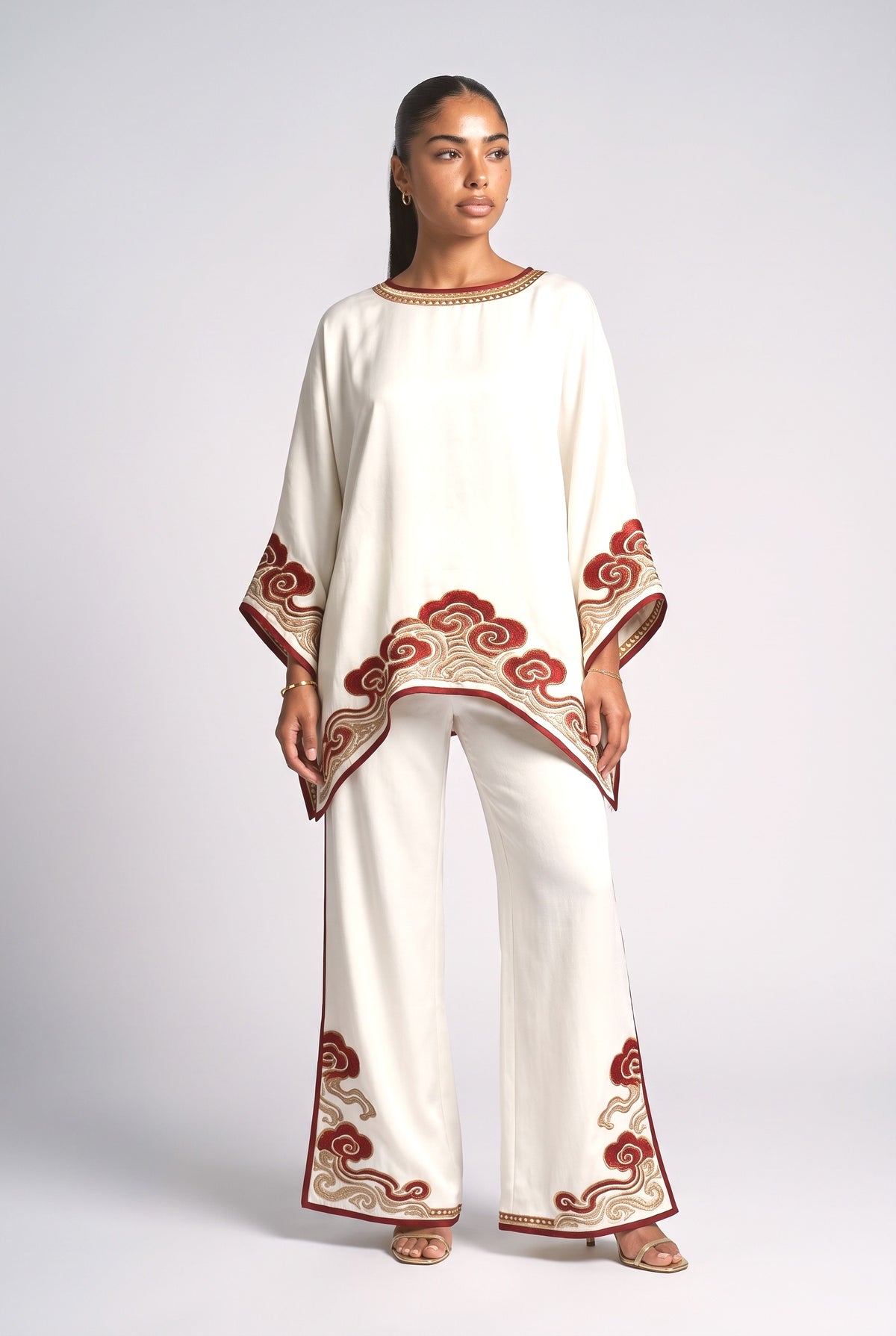 Beige Satin Relaxed Outfit Set, cream set