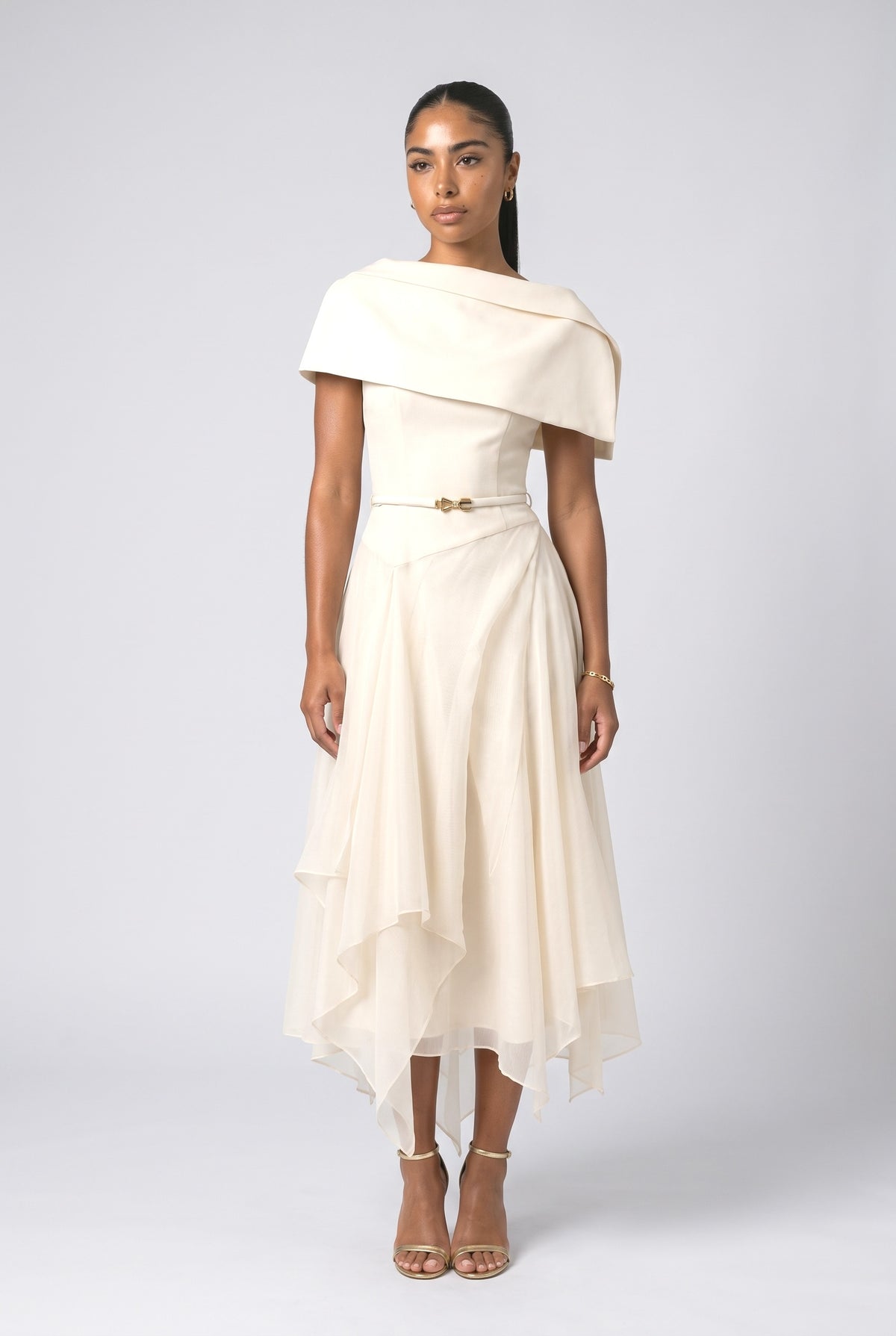 Beige Off-Shoulder Pleated Midi Dress, cream