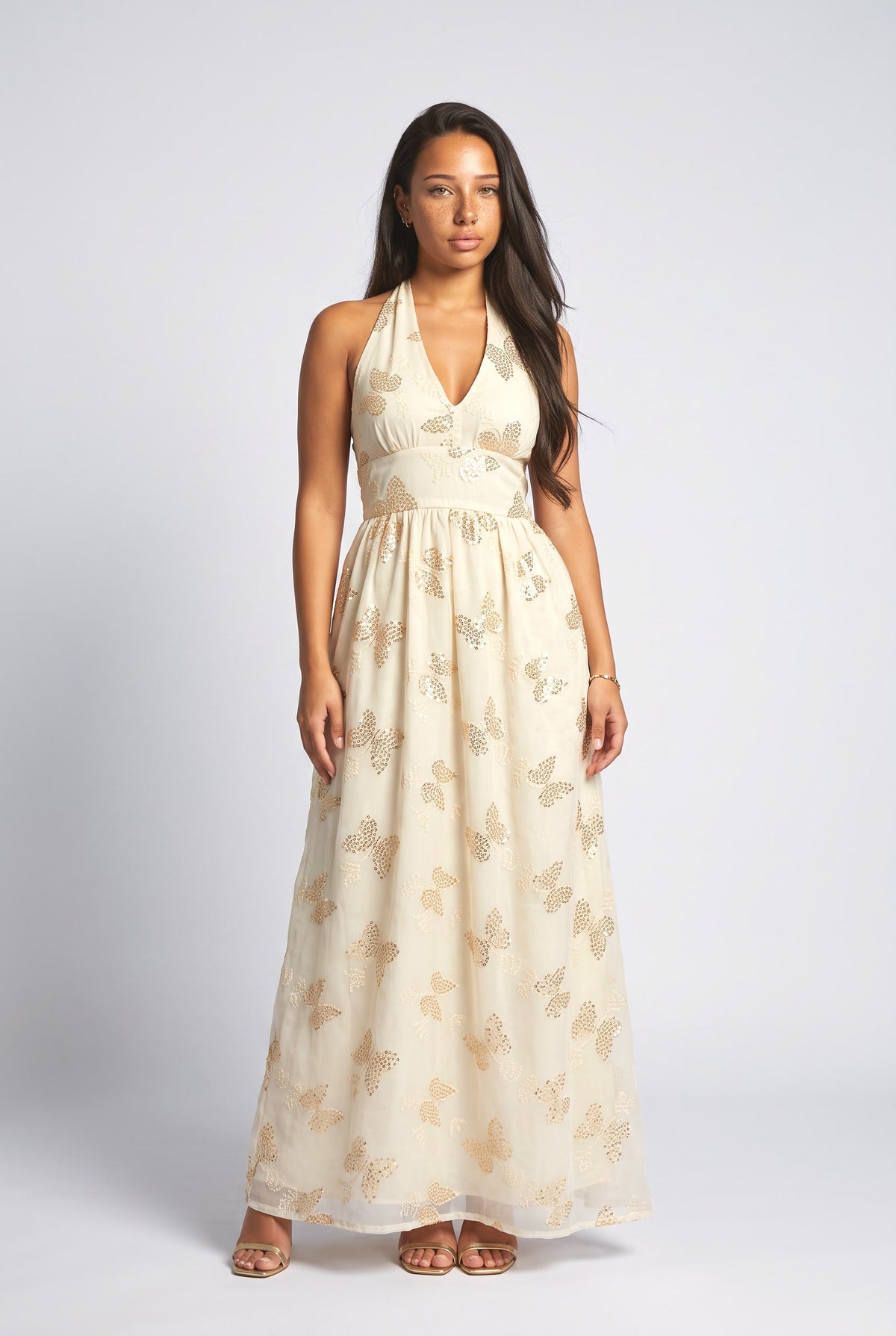Beige Sequin Halter Neck Maxi Dress, cream