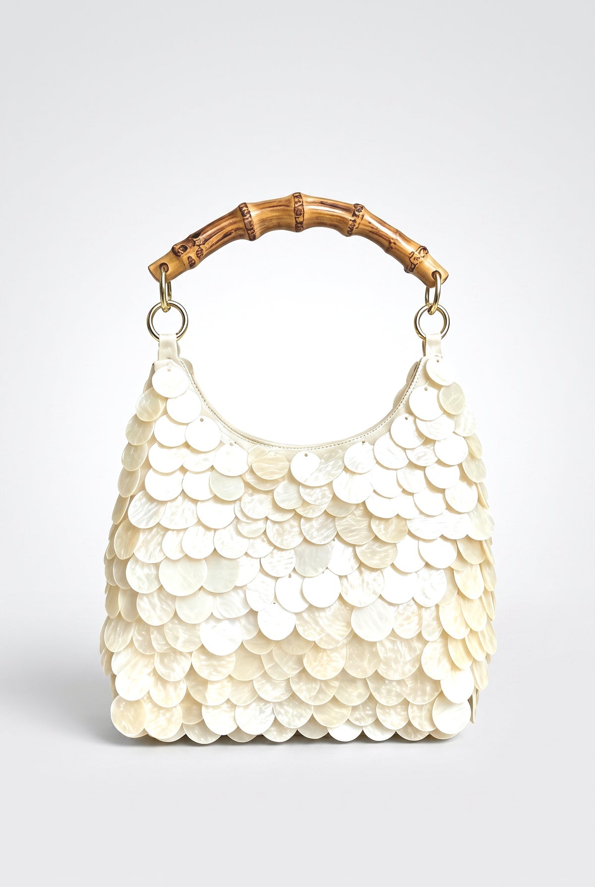 Bamboo Handle Pearl Shell Disc Hobo Bag, cream