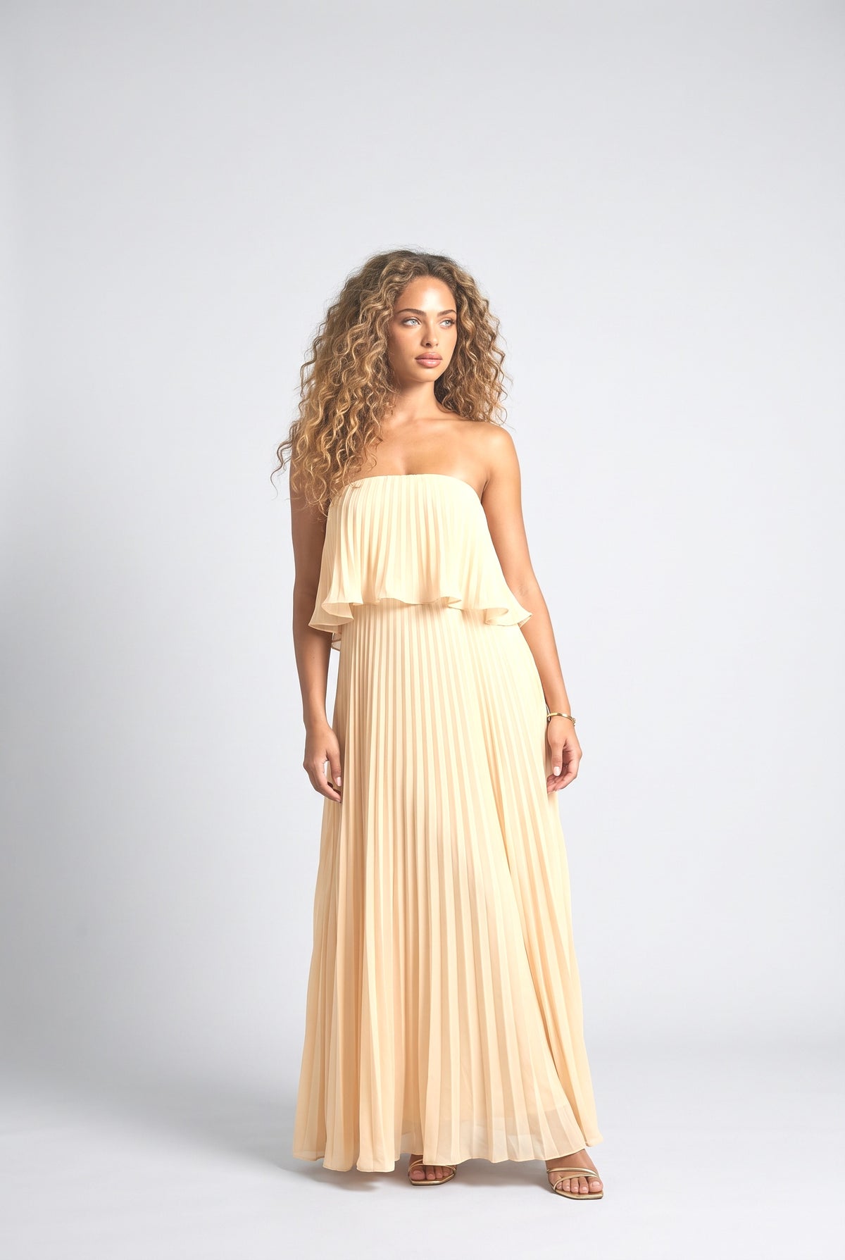 Chiffon Strapless Pleated Maxi Dress, cream