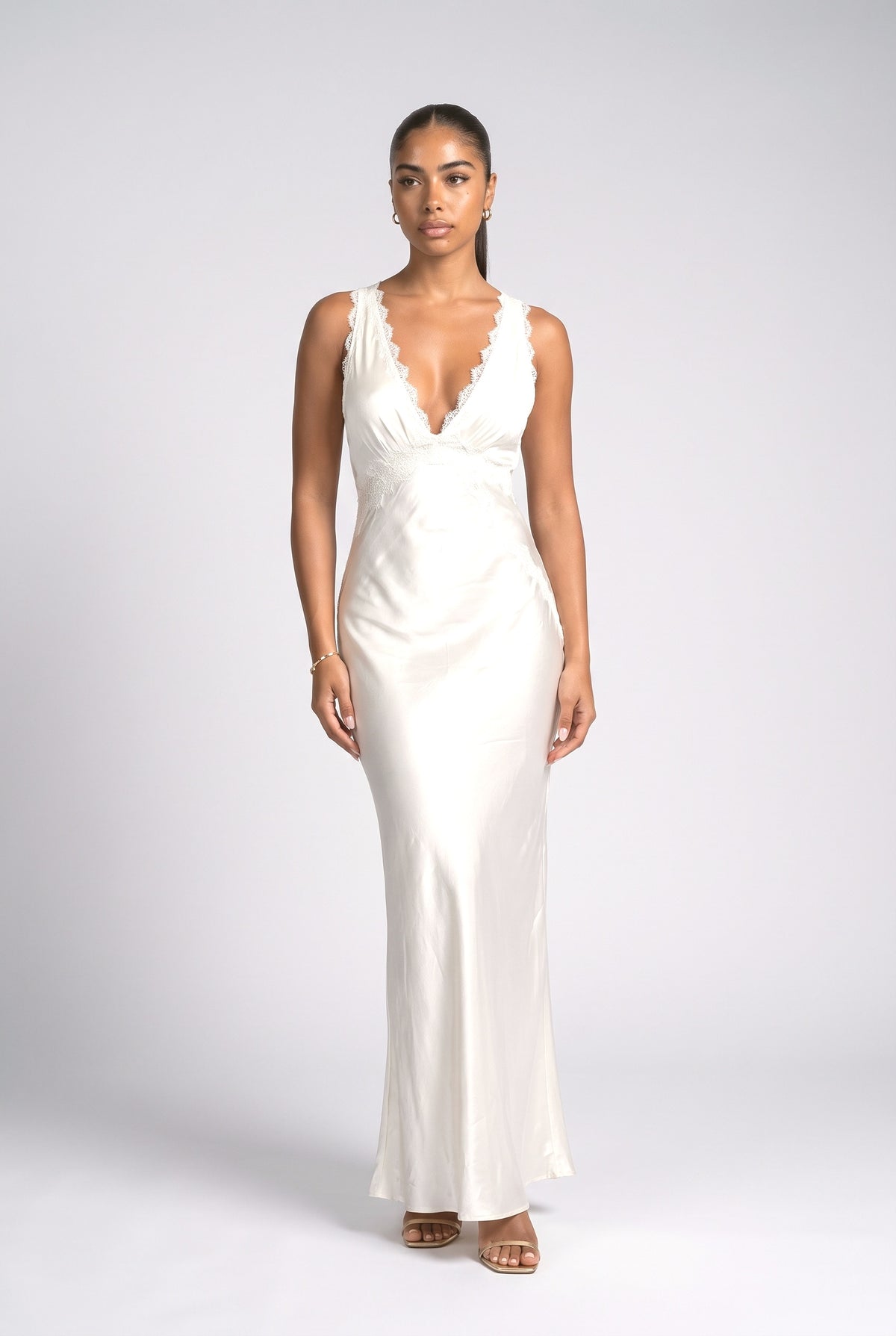 Beige Satin V-Neck Maxi Dress, cream