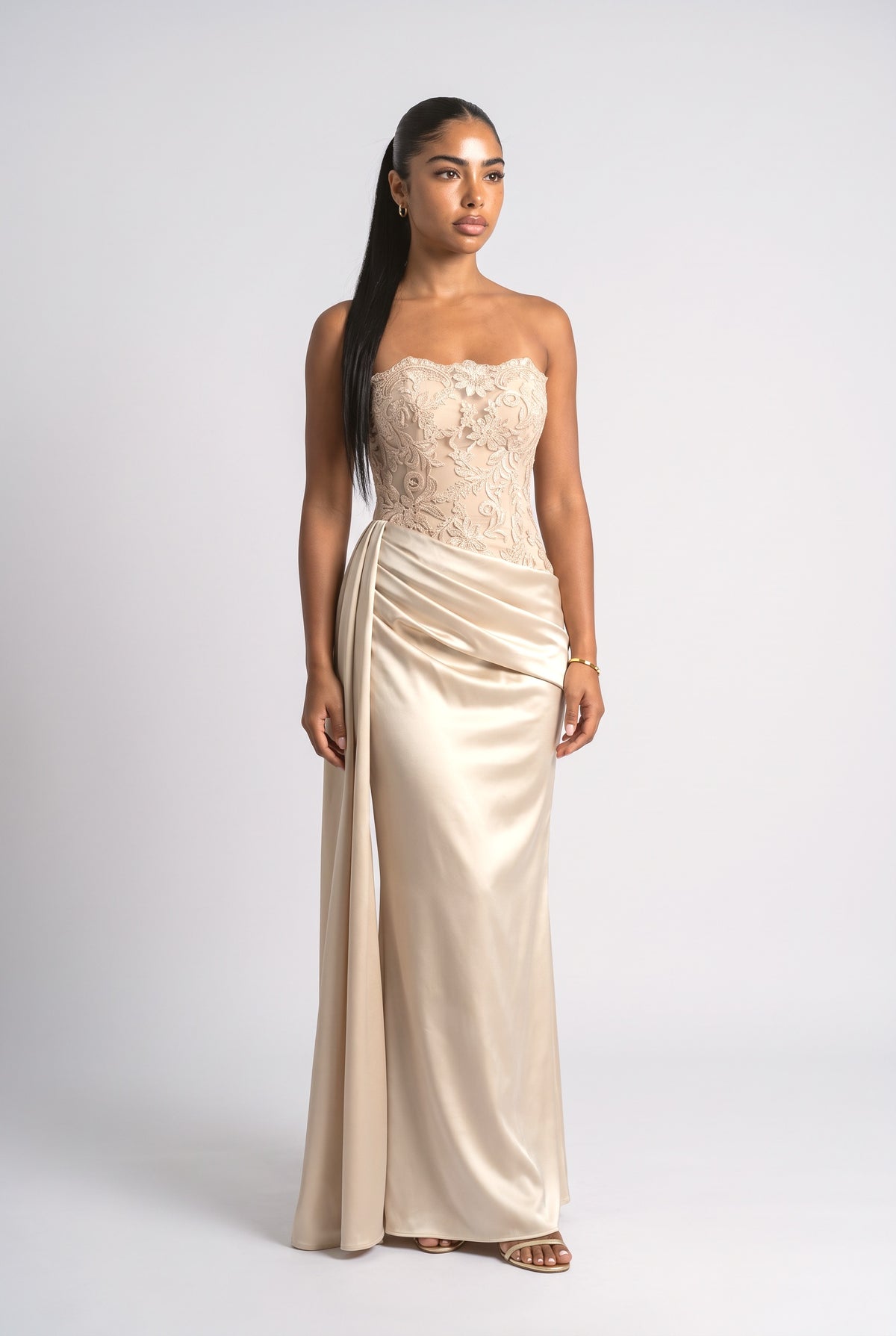 Beige Floral Satin Strapless Maxi Dress, cream