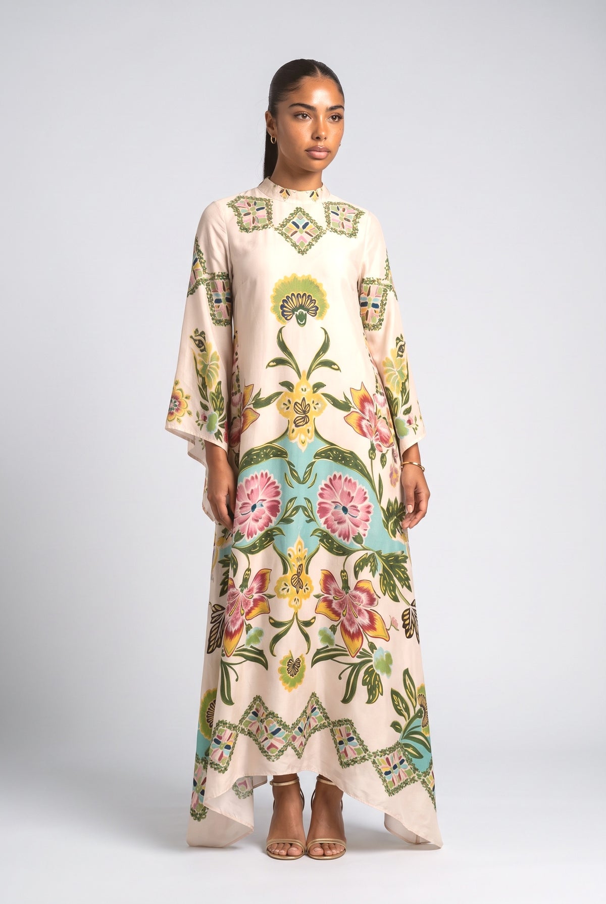 Beige Floral Maxi Dress, cream