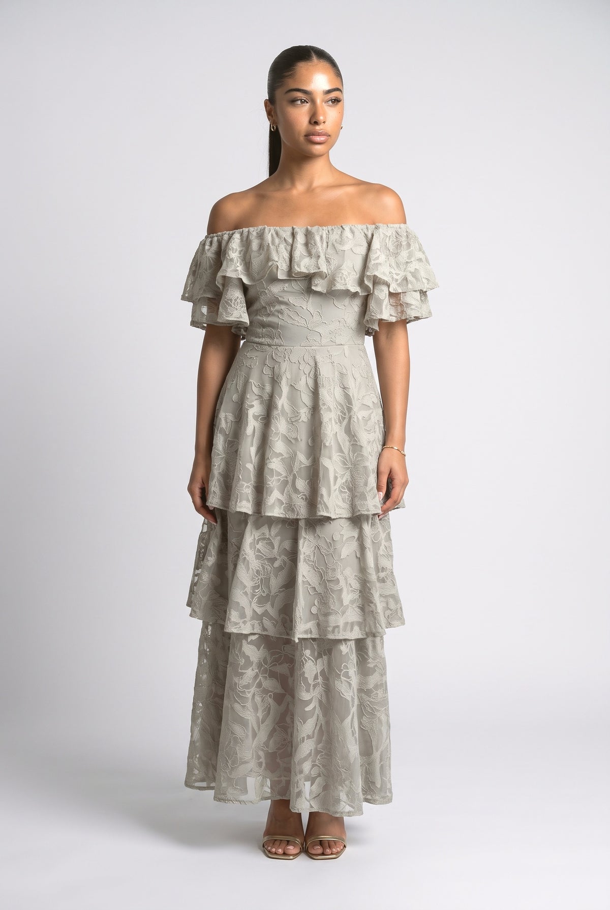 Floral Lace Off-Shoulder Tiered Maxi Dress, cream