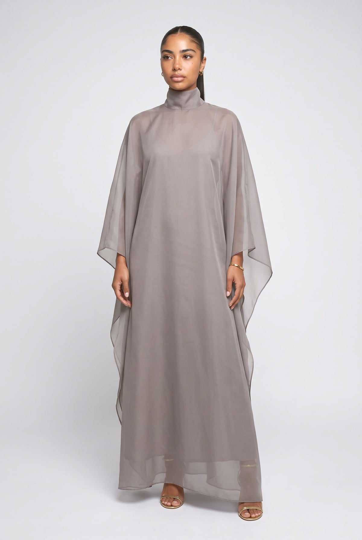 High Neck Organza Cape Maxi Gown, cream