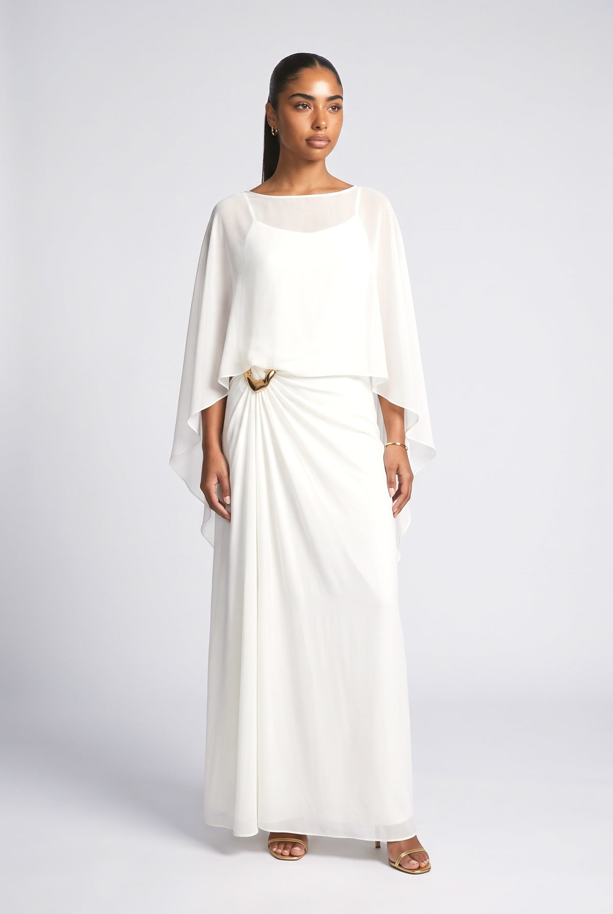 Blue Chiffon Cape Top & Wide-Leg Pants Two-Piece Set, cream
