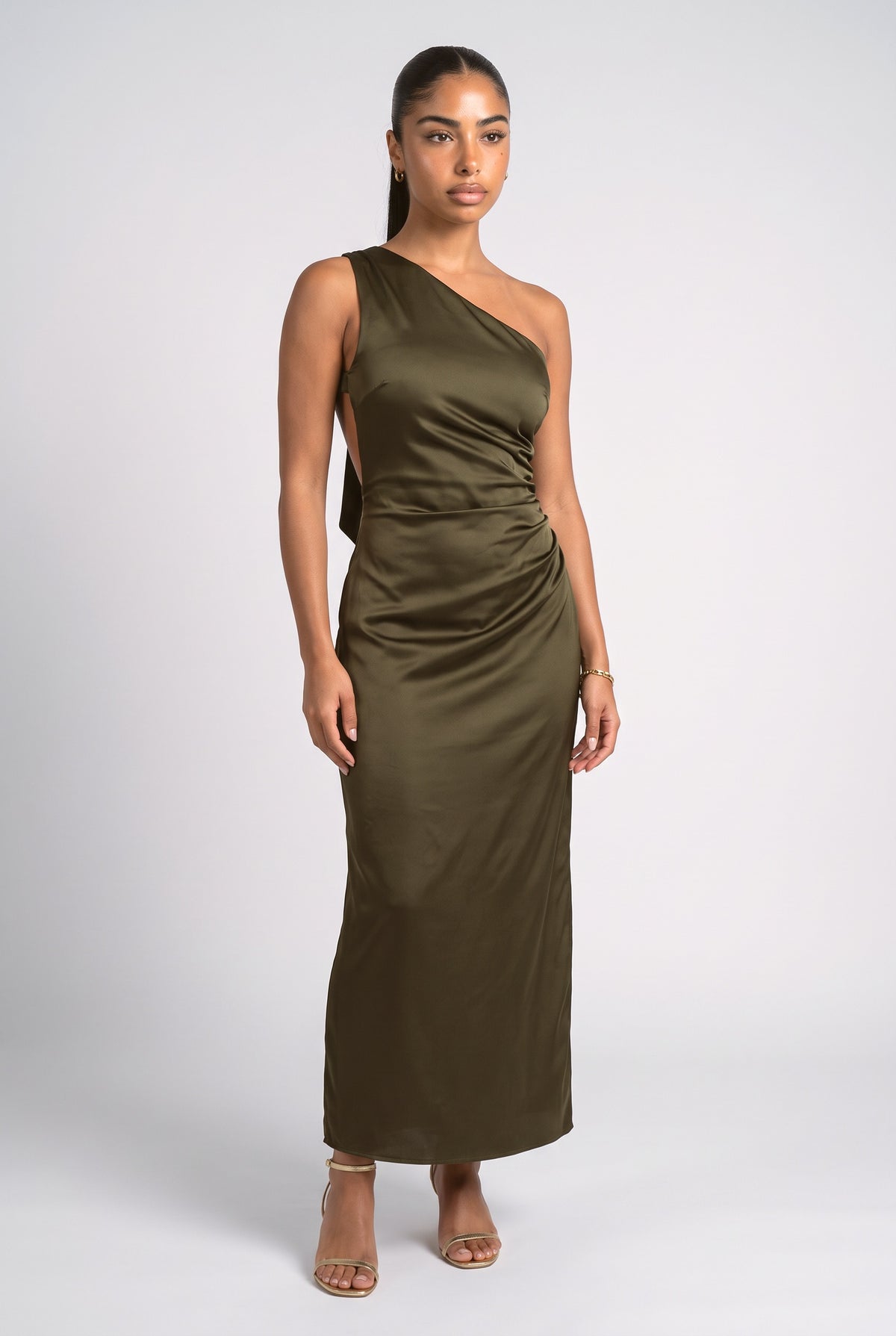 Satin One-Shoulder Ruched Maxi Dress, creme
