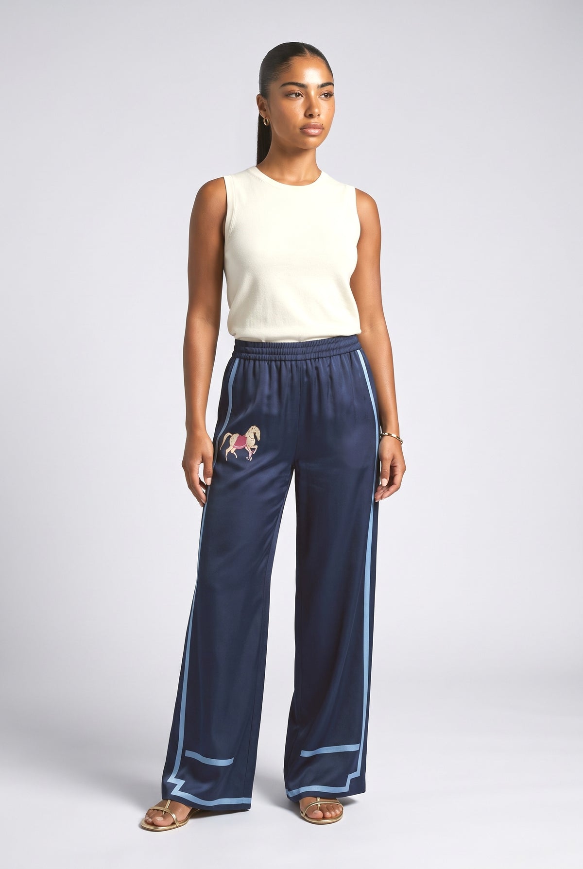 Satin Horse Print Wide-Leg Pants, dark blue pants