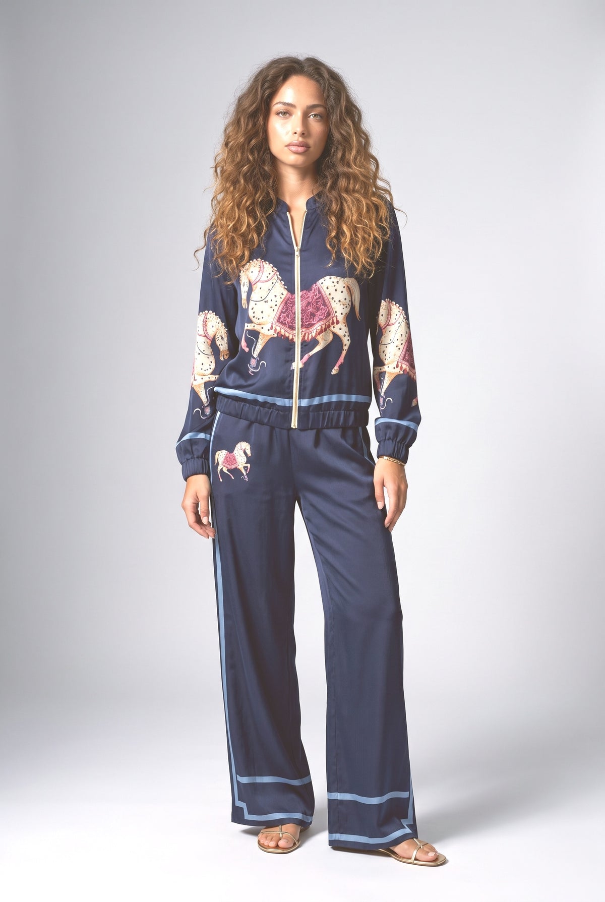 Satin Horse Print Zip Jacket & Wide-Leg Pants Two-Piece Set, dark blue set