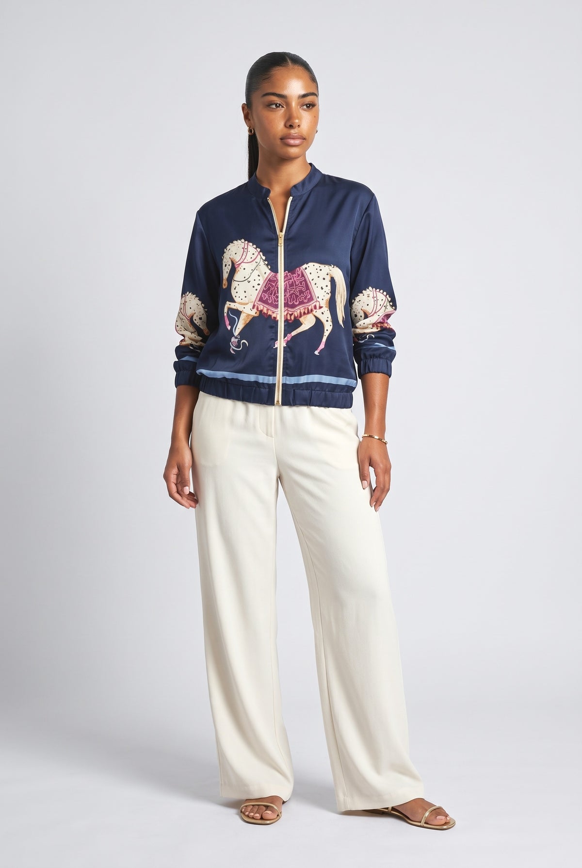 Satin Horse Print Zip-Up Shirt, dark blue top