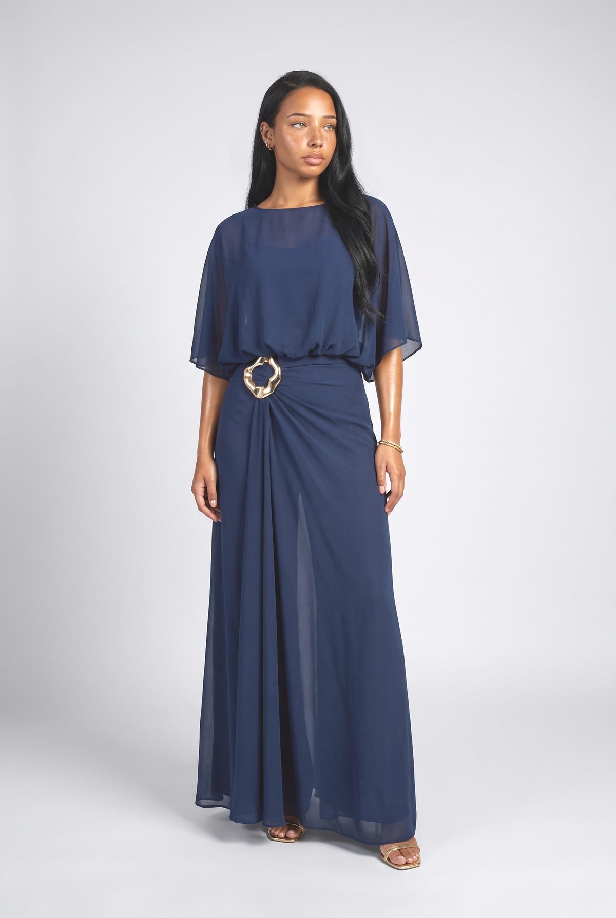 Chiffon Cape Top & Wide-Leg Pants Two-Piece Set, dark blue