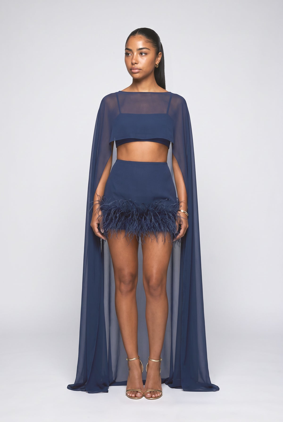 Sheer Feather Trim Outfit Set, dark blue
