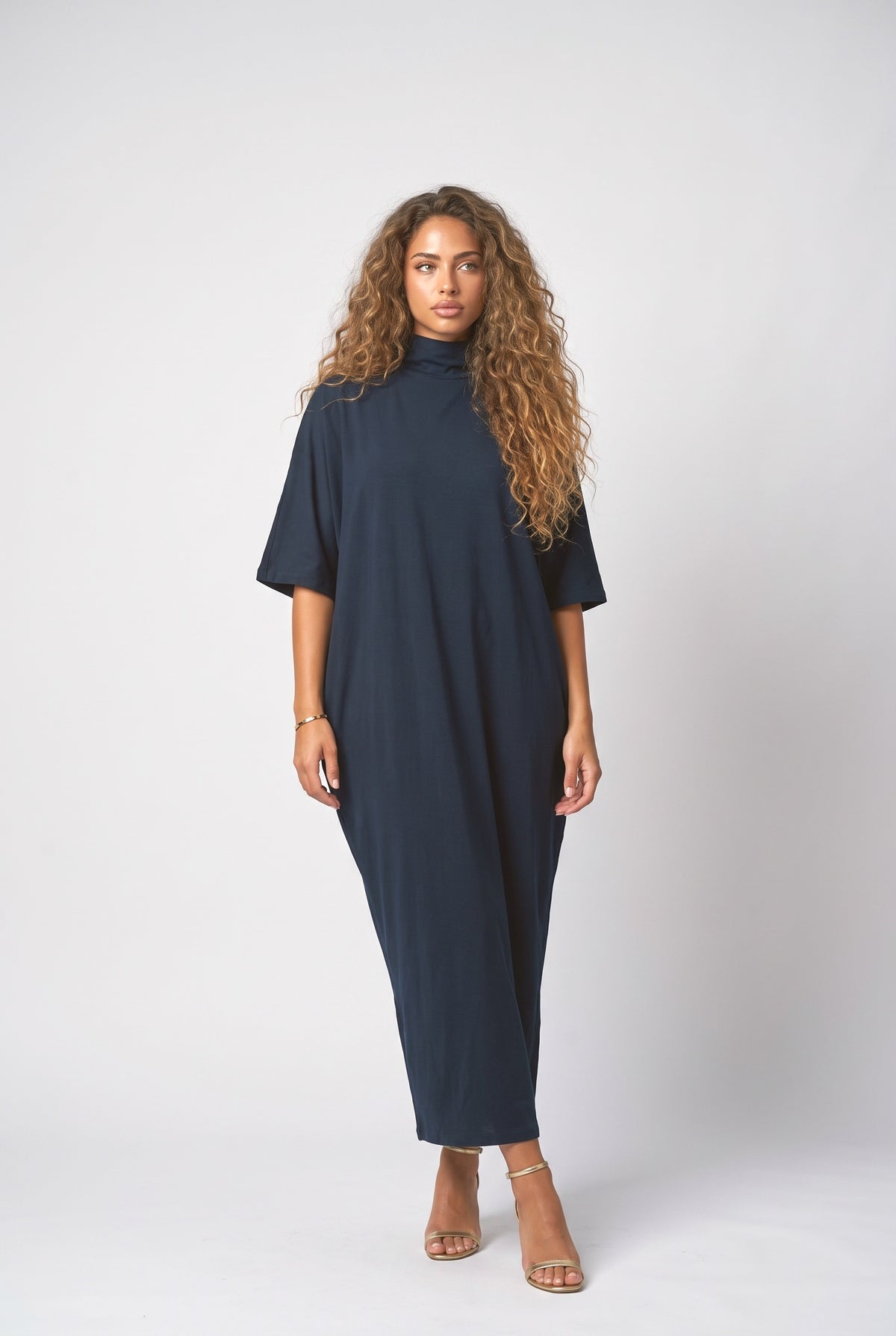 High Neck Batwing Sleeve Maxi Dress, dark blue