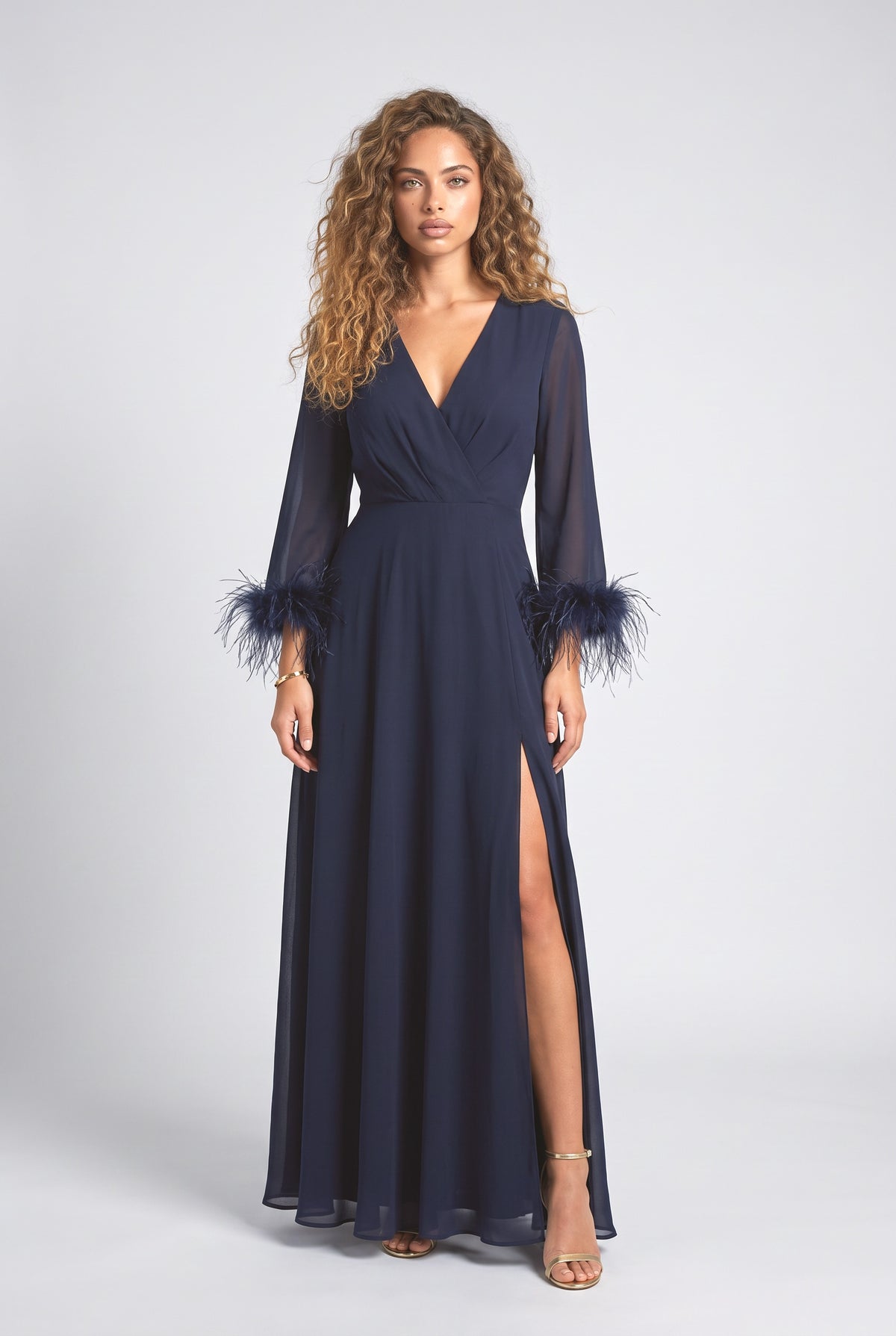 Chiffon V-Neck Feather Trim Maxi Dress, dark blue