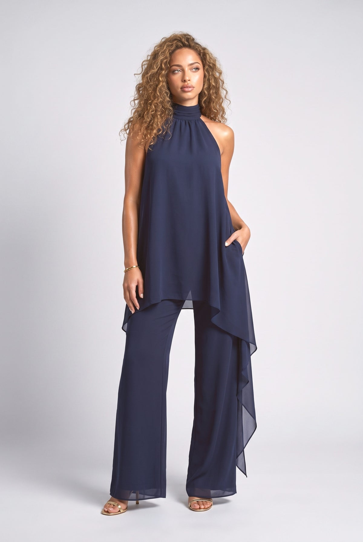 Chiffon Halter Neck Asymmetric Outfit Set, dark blue