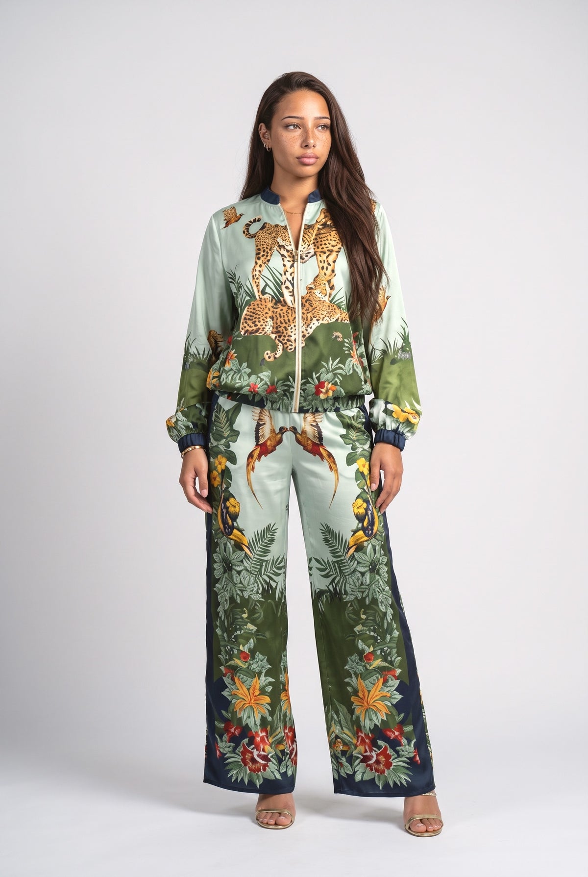 Exotic Jungle Print Zip-Up Shirt & Wide Leg Pants Set, dark green set