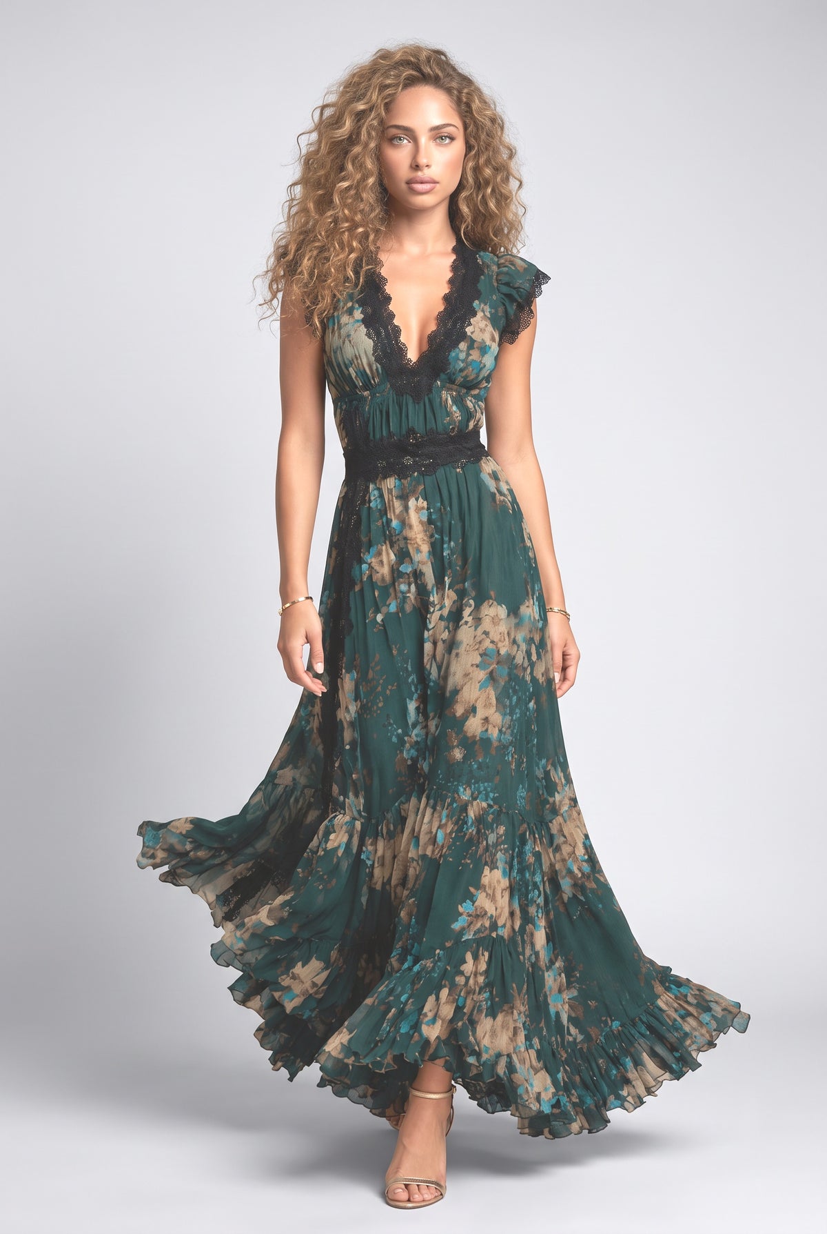 Green Floral Lace Tiered Maxi Dress, dark green
