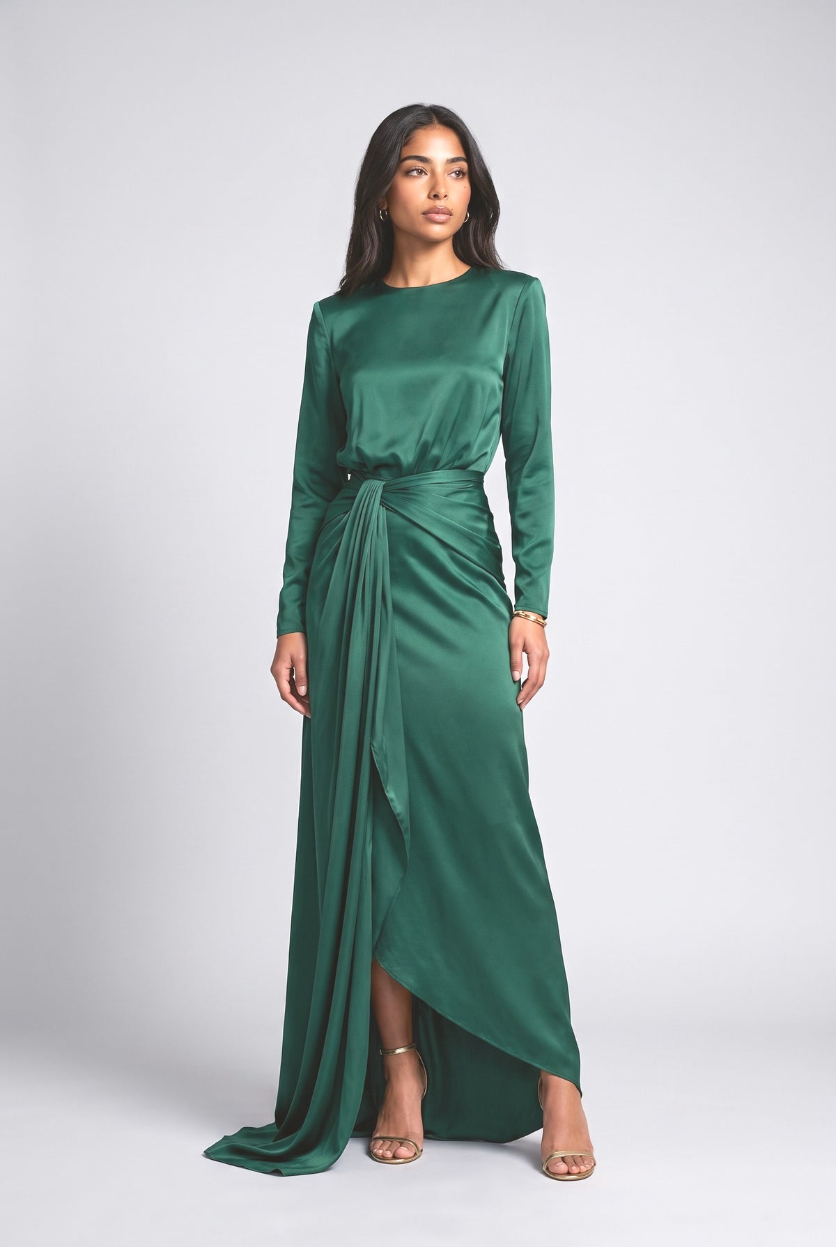 Satin Draped Maxi Dress, dark green