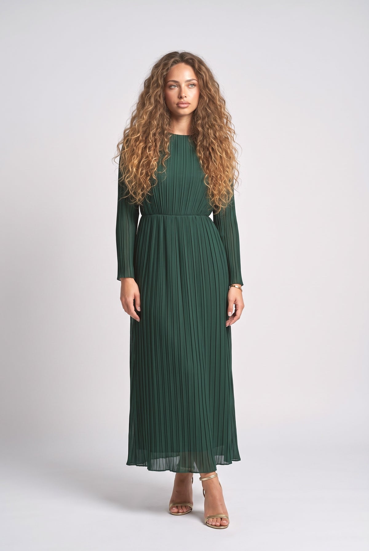 Pleated Flowy Long-Sleived Maxi Dress, dark green