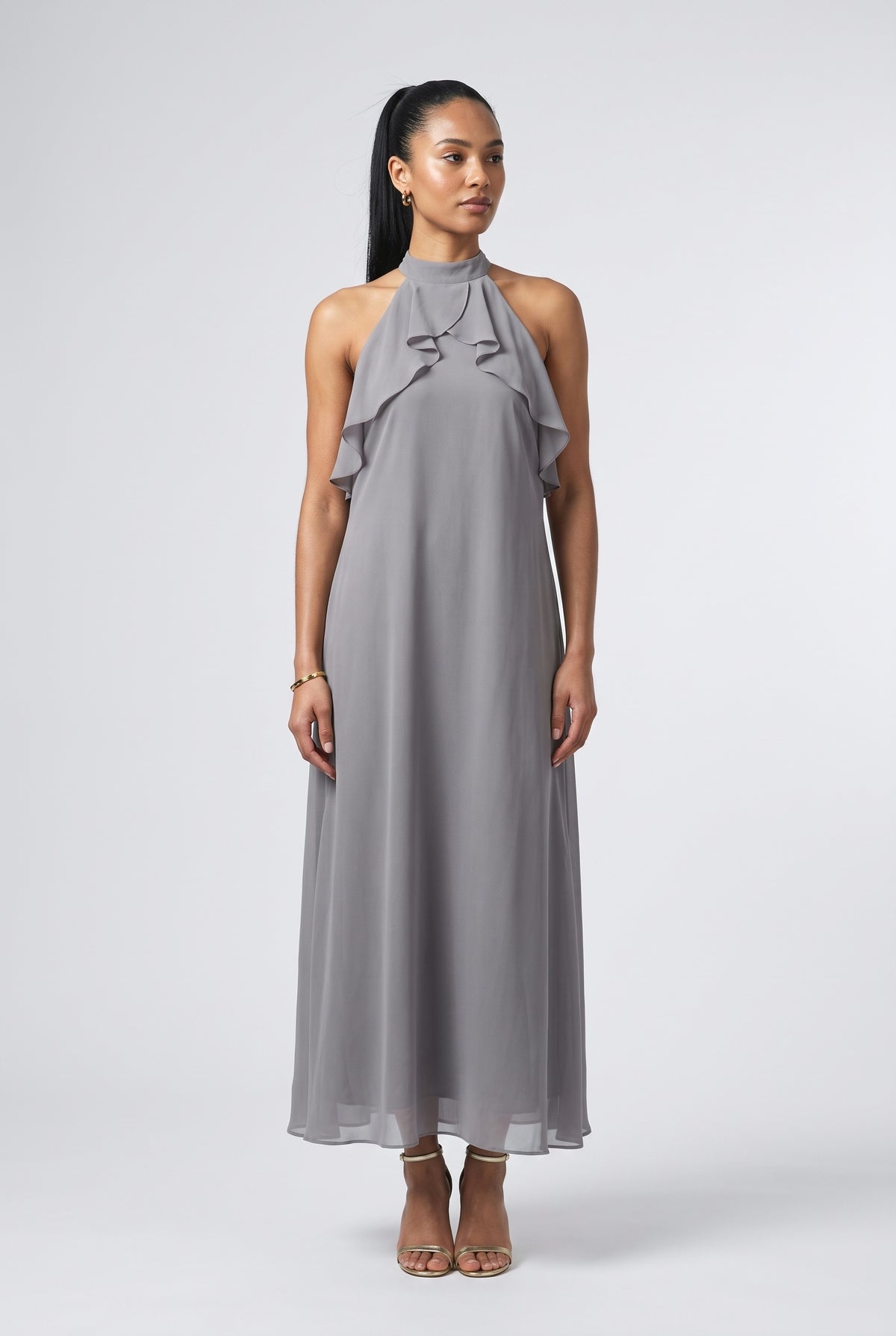 Chiffon Halter Neck Ruffle Maxi Dress, dark green