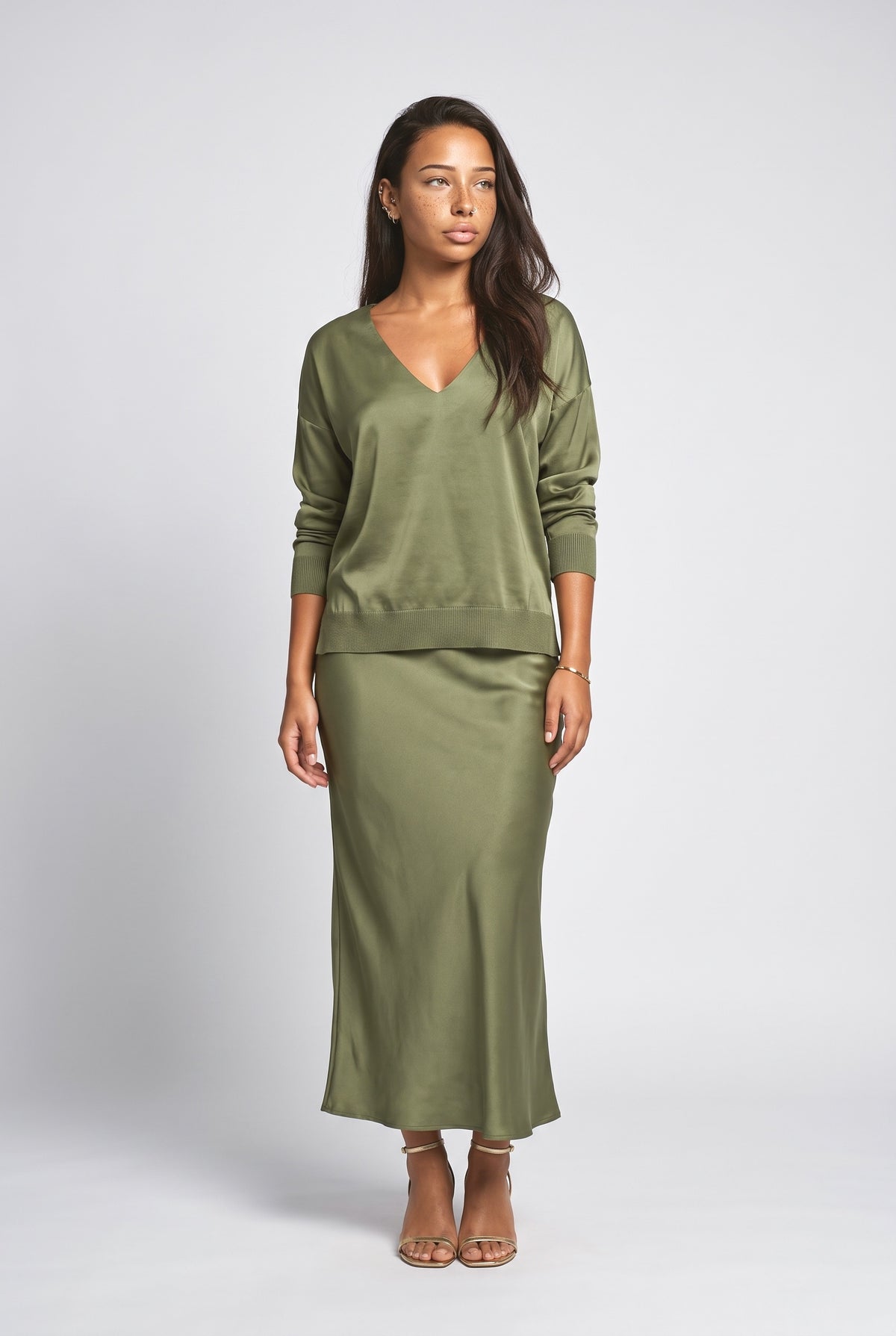 Satin V-Neck Outfit Set, dark green
