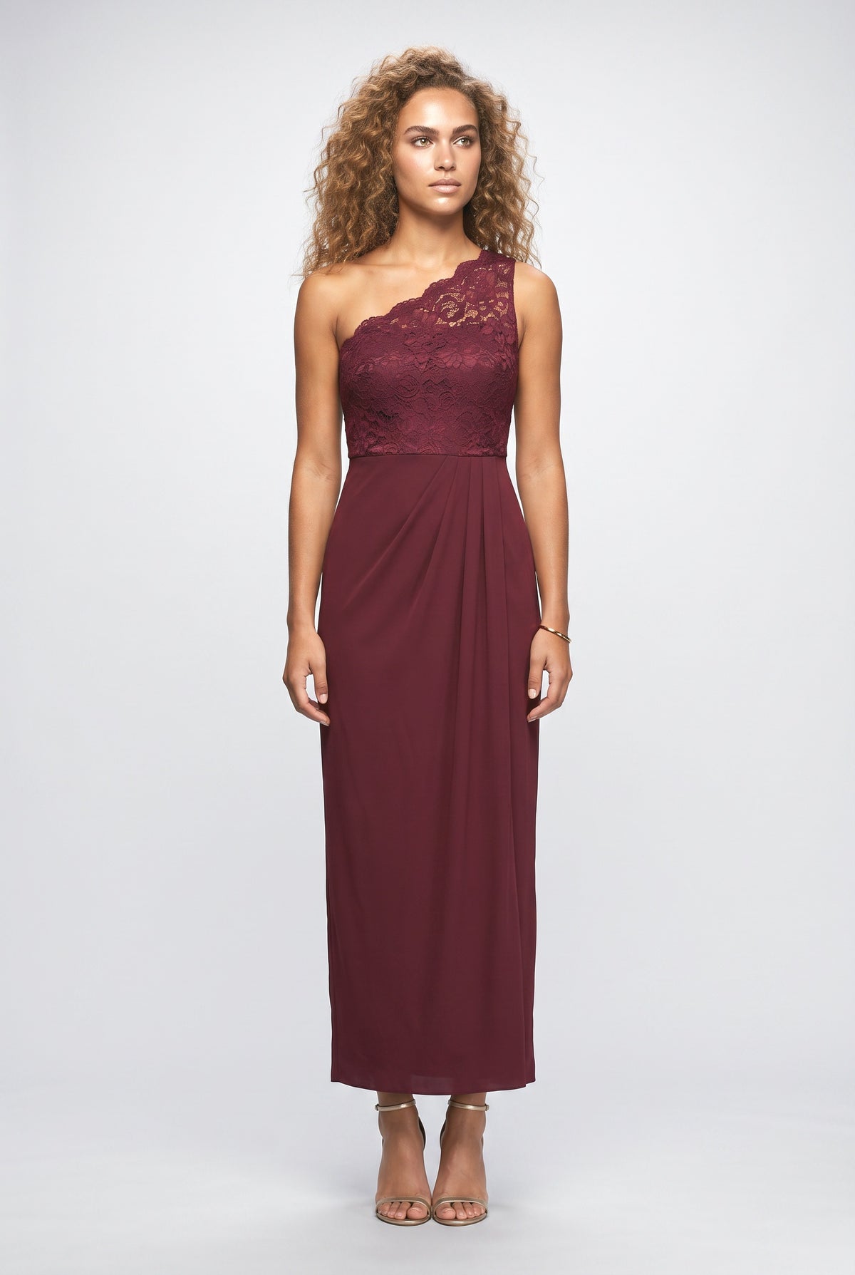 Lace One-Shoulder Draped Maxi Dress, dark red