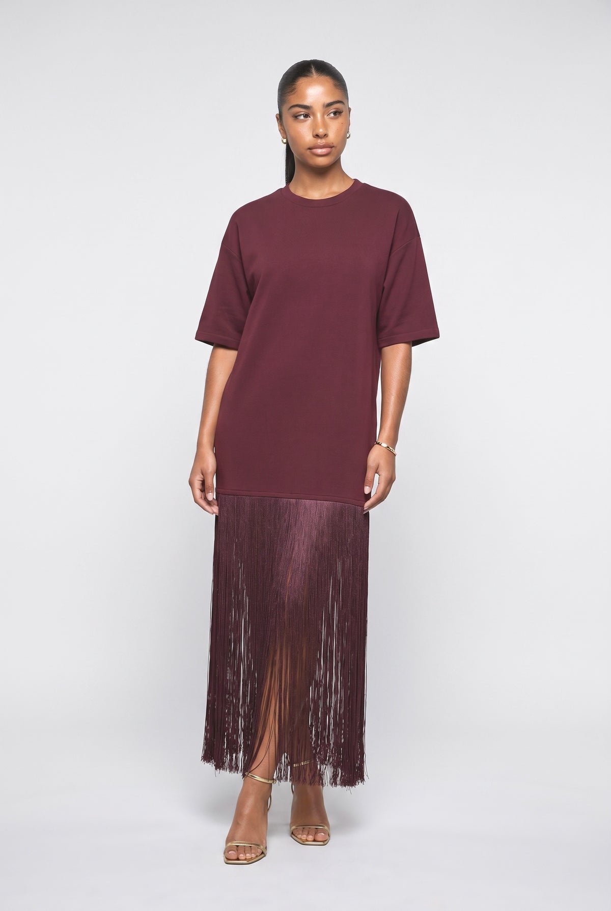 Short Sleeve Fringe Maxi Dress, dark red