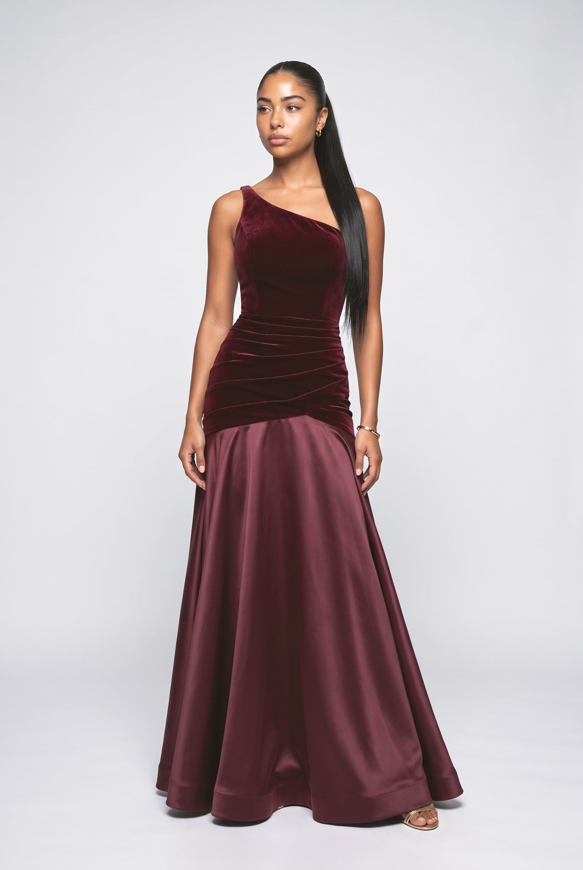 Red Satin Ruched Maxi Dress, dark red