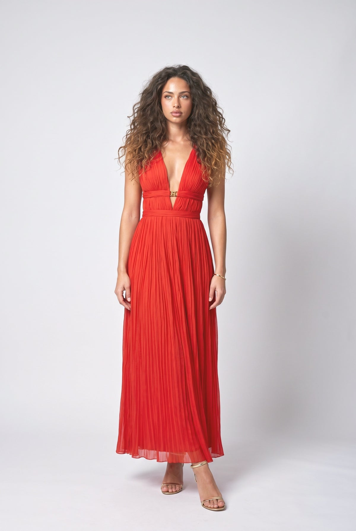 Deep V-Neck Maxi Dress, dark red